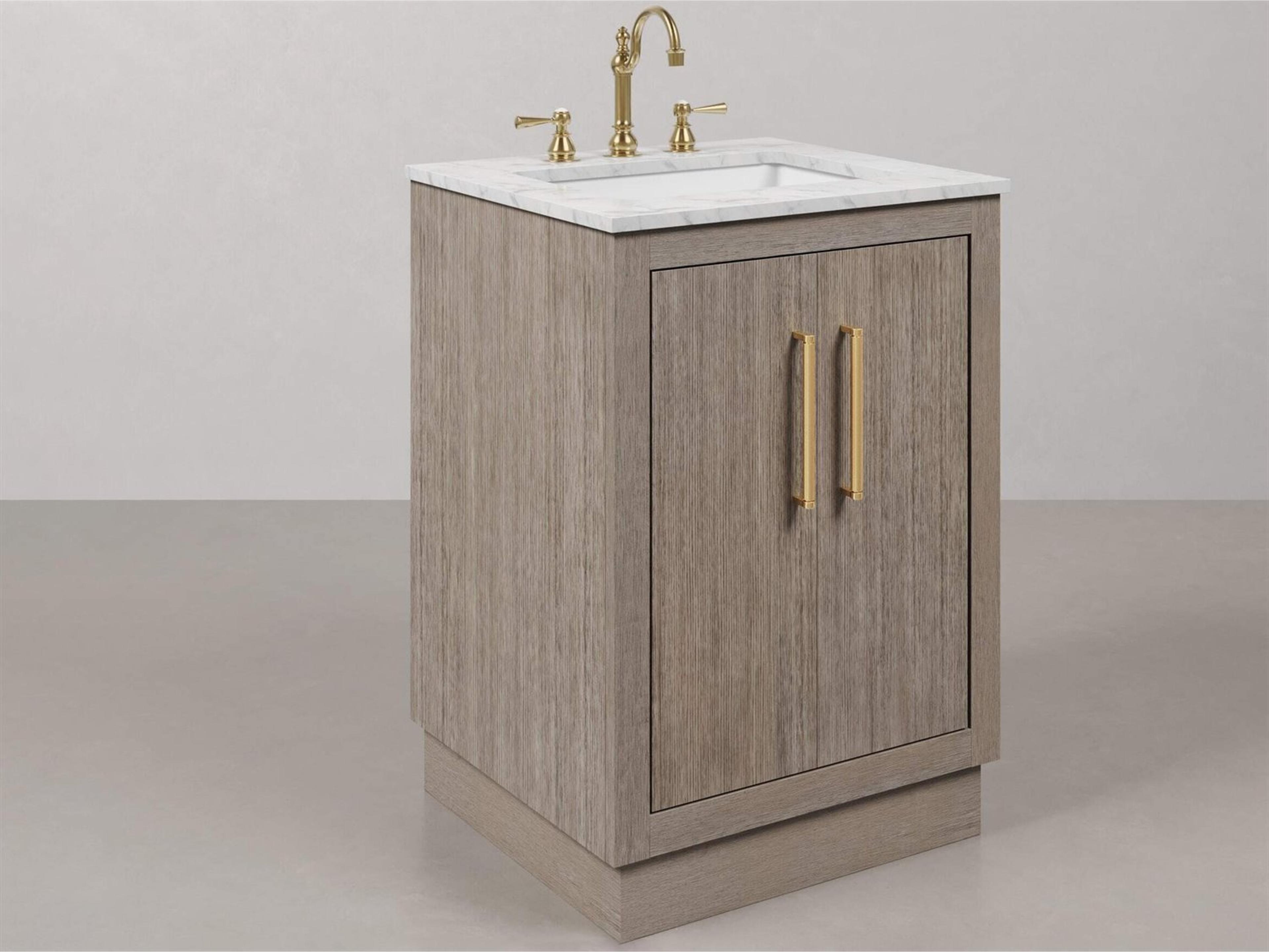 Water Creation Hugo Vanity  in Grey Oak with Satin Gold Hardware and Hook Faucet