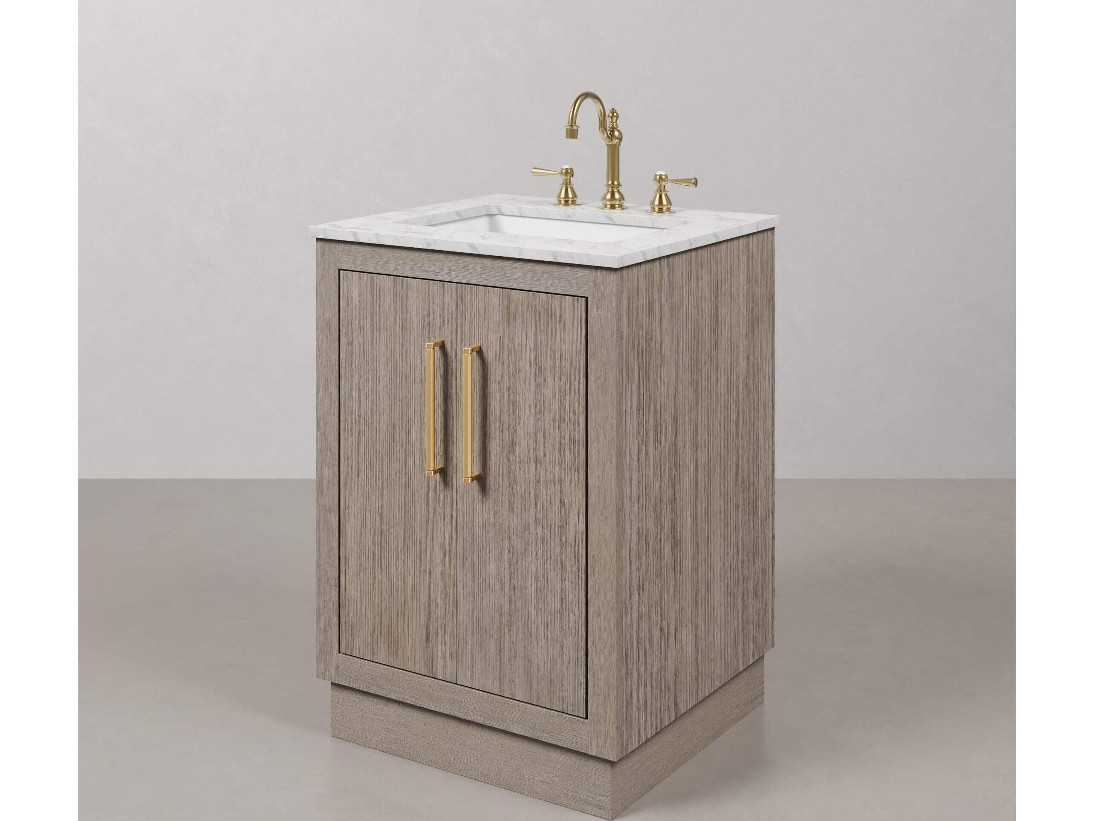 Water Creation Hugo Vanity  in Grey Oak with Satin Gold Hardware and Hook Faucet