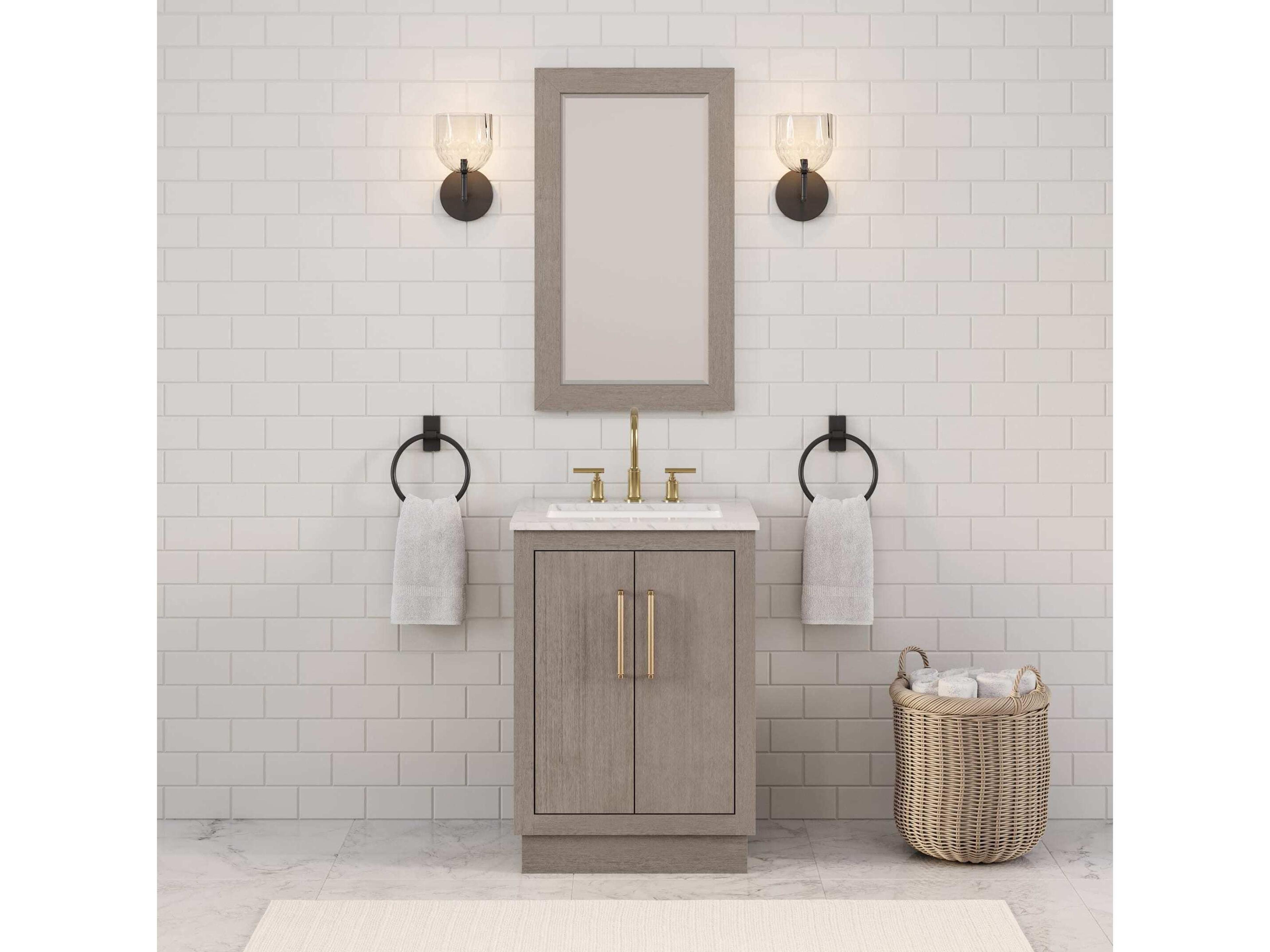 Water Creation Hugo Vanity in Grey Oak with Satin Gold Hardware, Gooseneck Faucet and Rectangular Mirror (S)