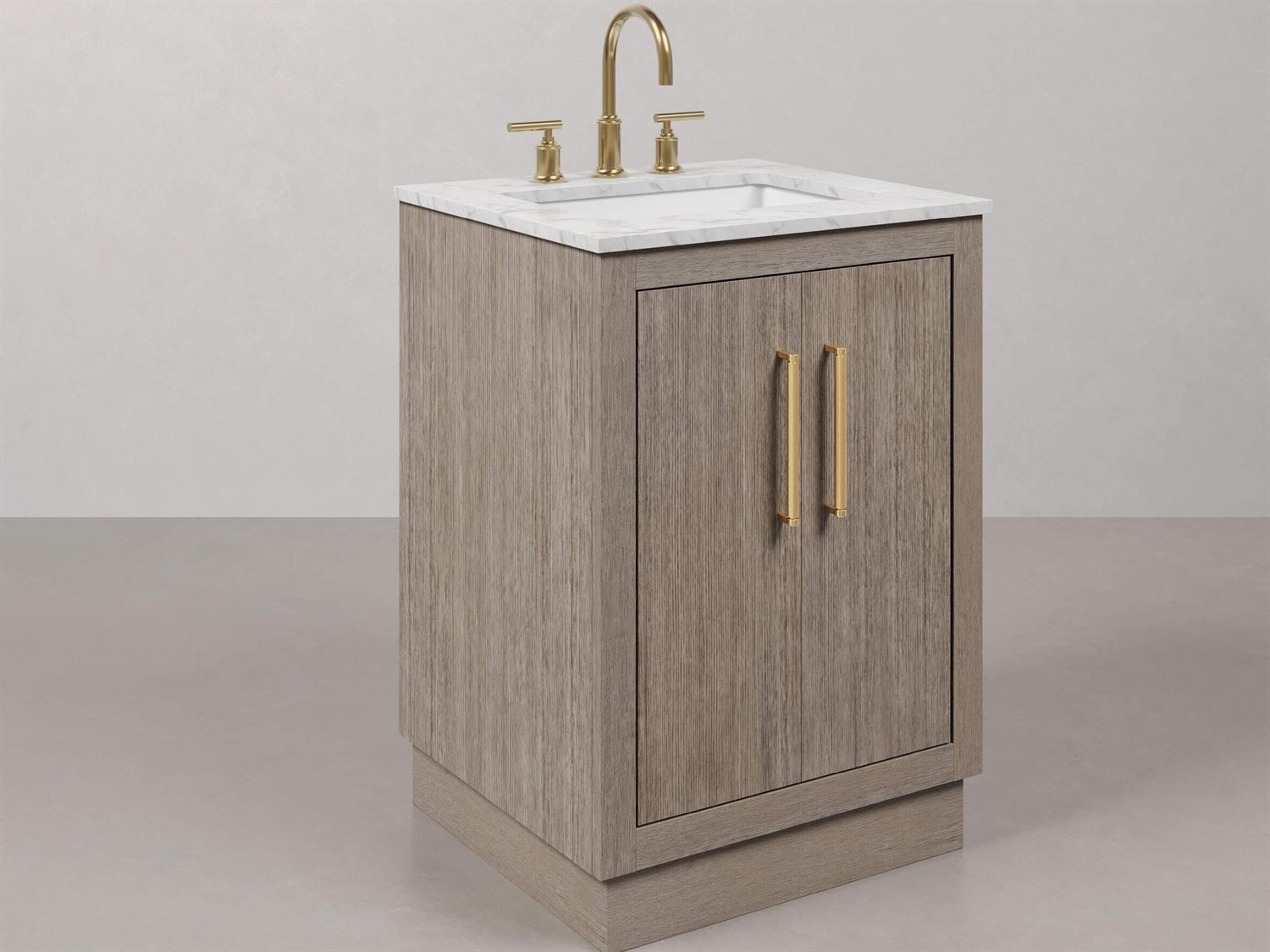 Water Creation Hugo Vanity in Grey Oak with Satin Gold Hardware, Gooseneck Faucet and Rectangular Mirror (S)