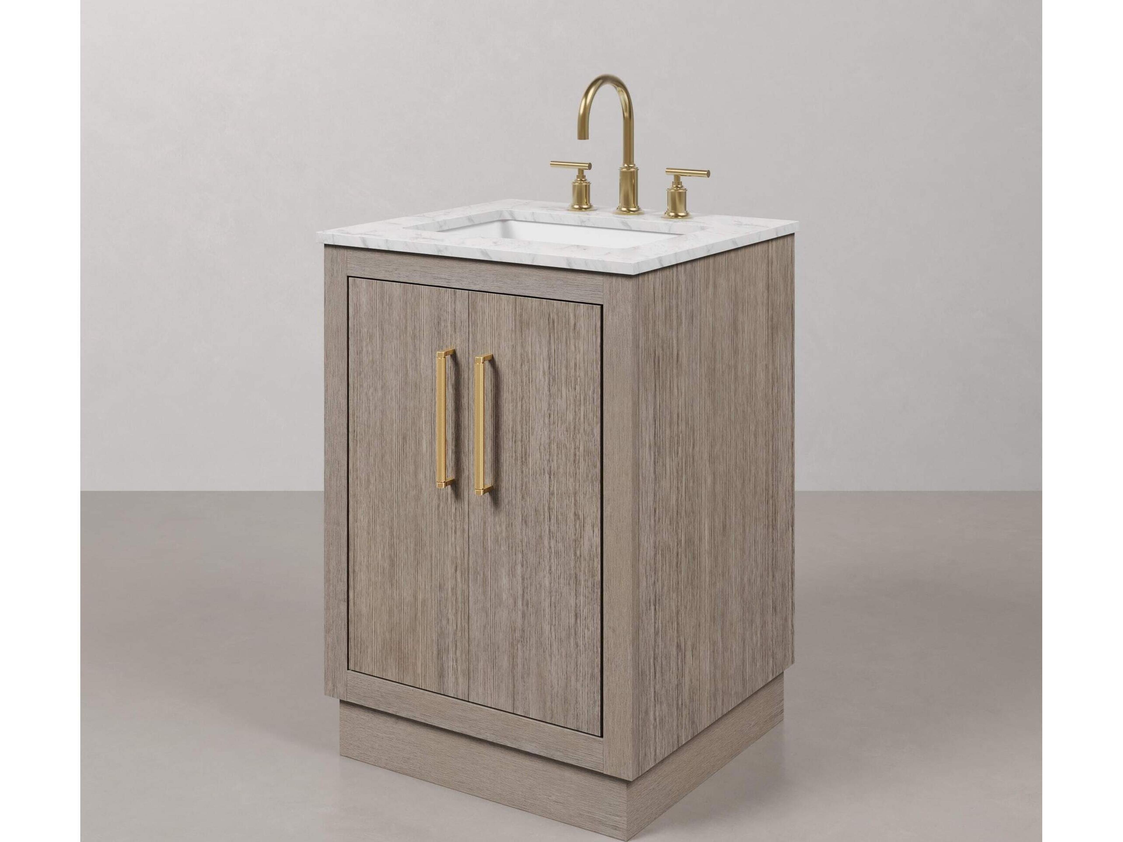 Water Creation Hugo Vanity in Grey Oak with Satin Gold Hardware, Gooseneck Faucet and Rectangular Mirror (S)