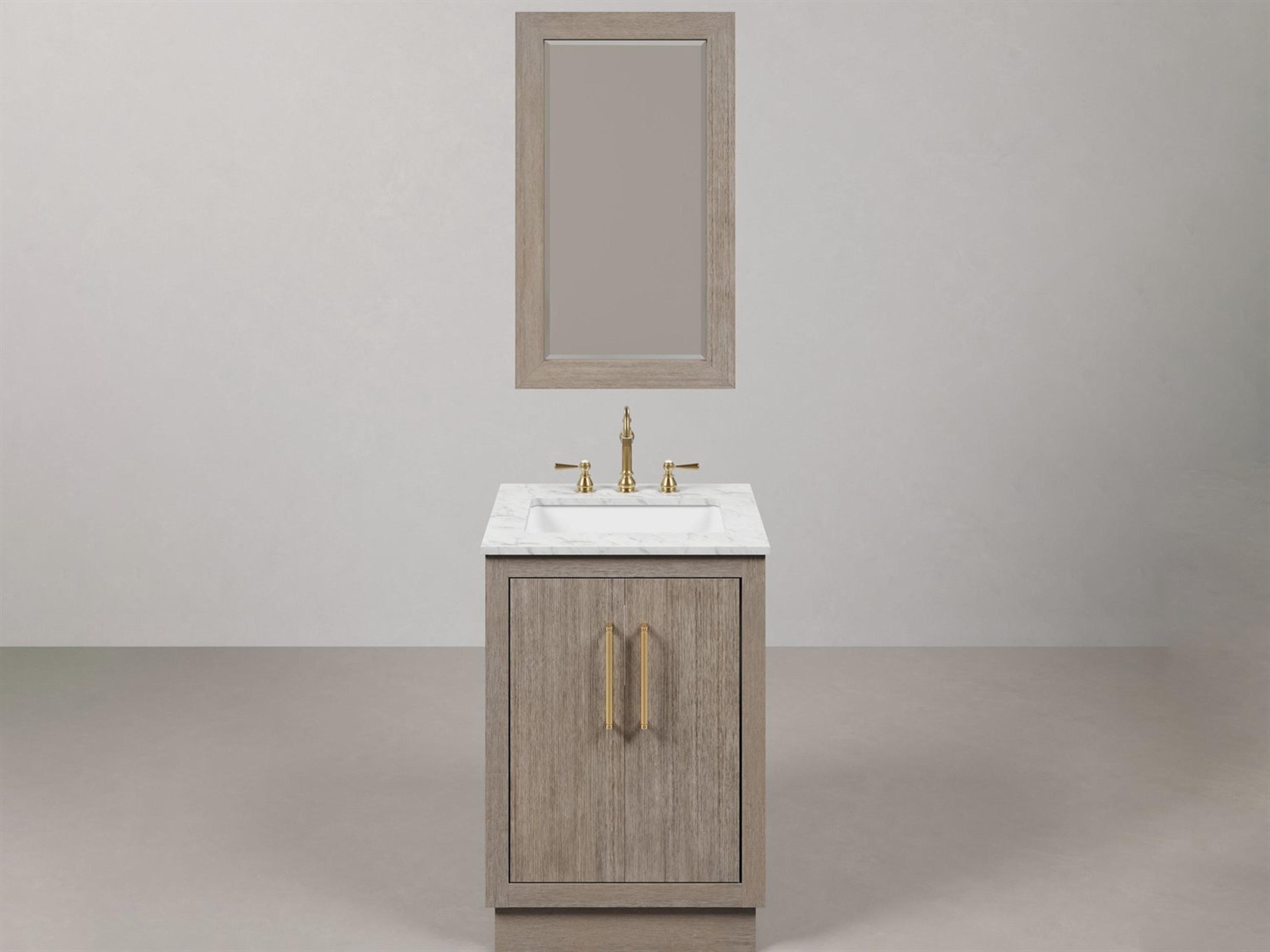 Water Creation Hugo Vanity in Grey Oak with Satin Gold Hardware, Hook Faucet and Rectangular Mirror (S)