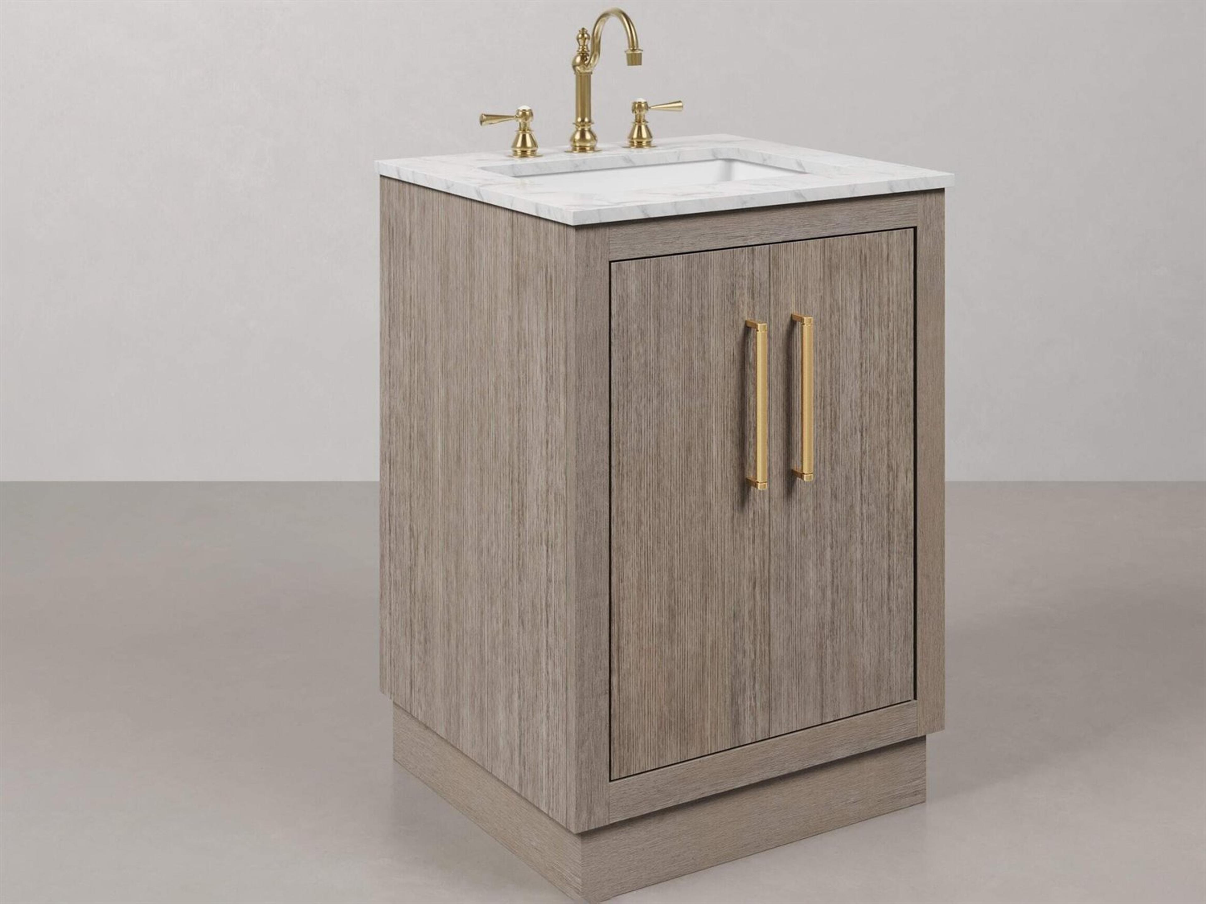 Water Creation Hugo Vanity in Grey Oak with Satin Gold Hardware, Hook Faucet and Rectangular Mirror (S)
