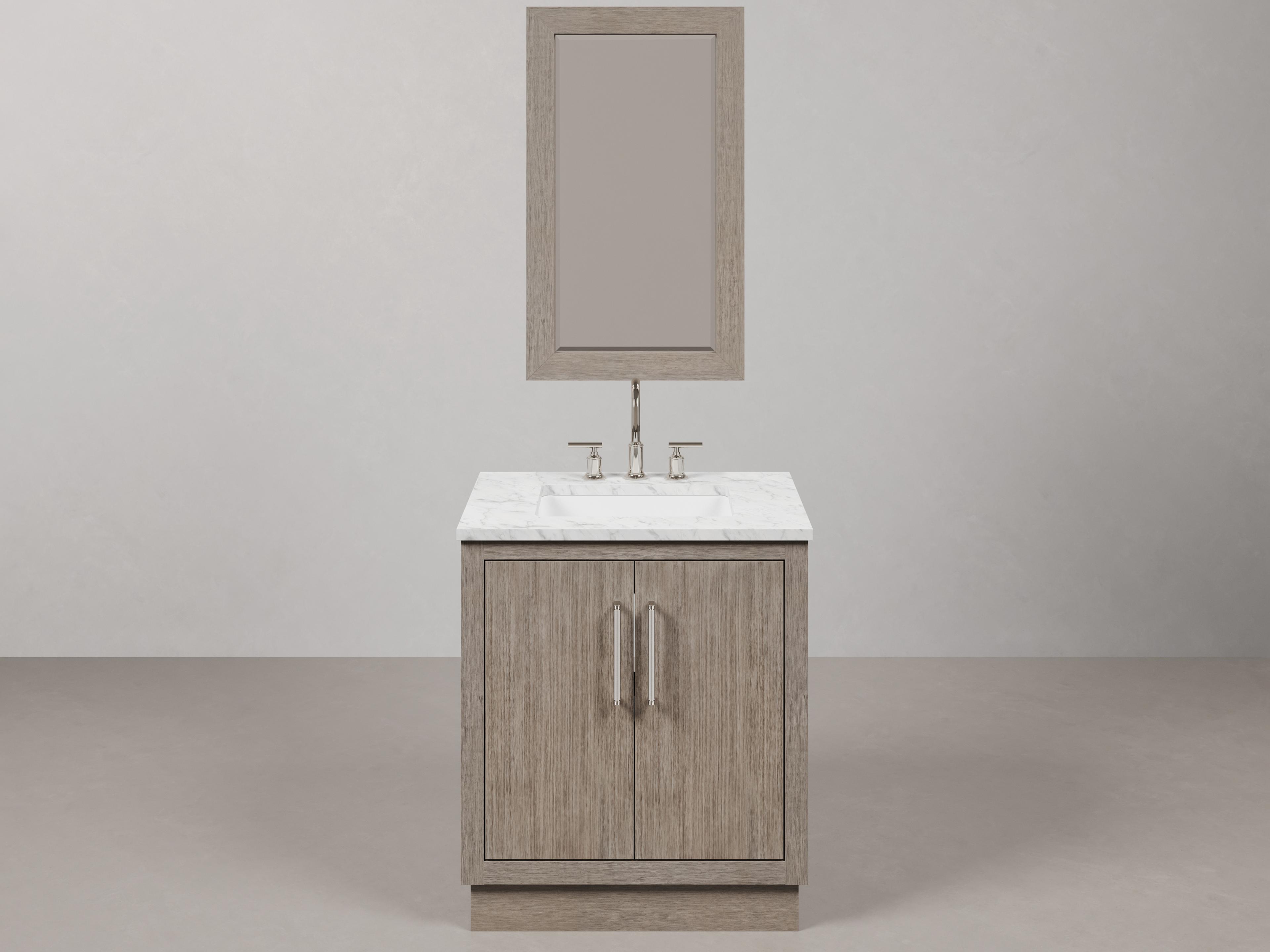 Water Creation Hugo Single Sink Carrara White Marble Countertop Bath Vanity in Grey Oak with Chrome Hardware, Gooseneck Faucet and Rectangular Mirror (S)