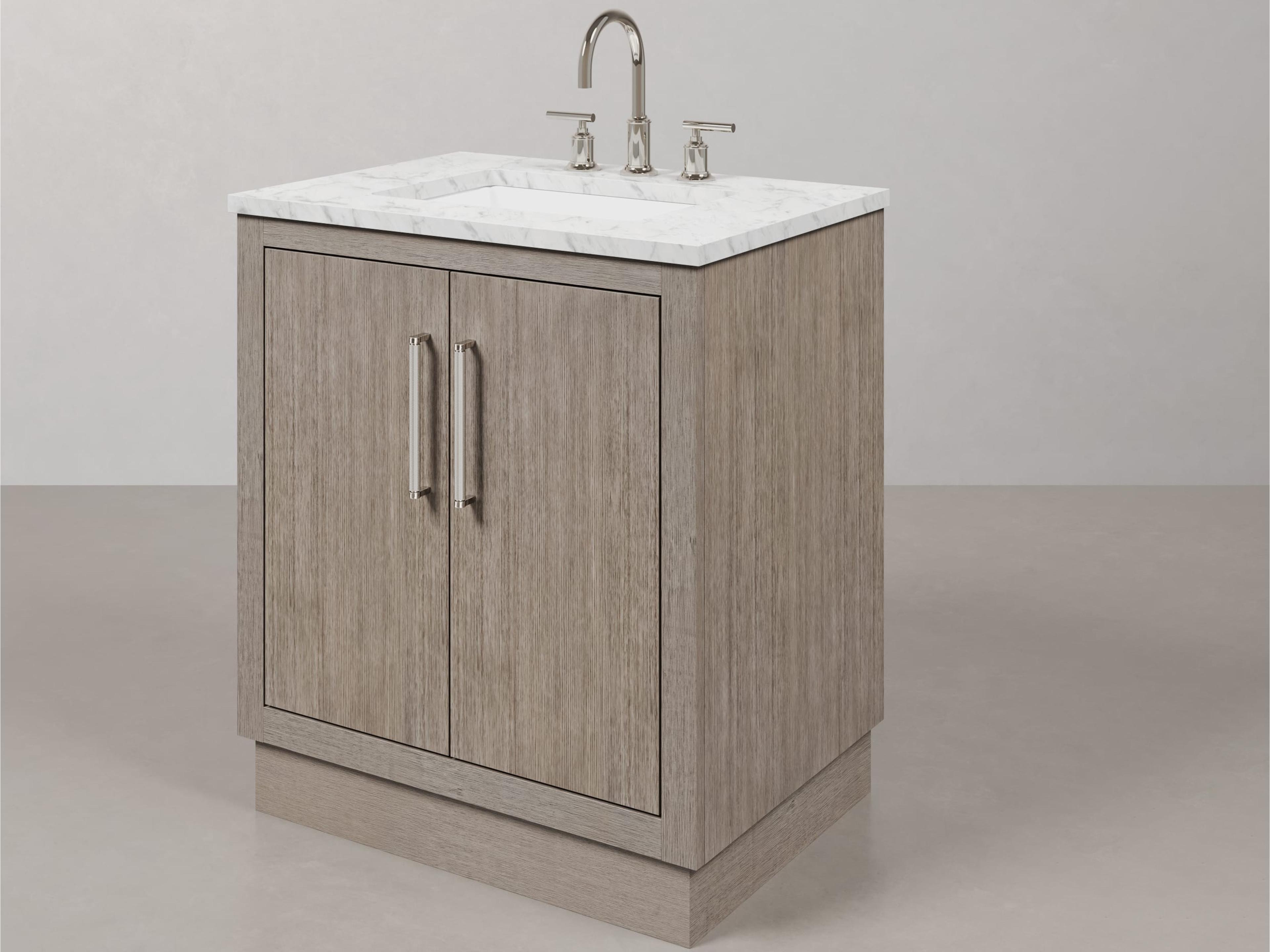 Water Creation Hugo Single Sink Carrara White Marble Countertop Bath Vanity in Grey Oak with Chrome Hardware, Gooseneck Faucet and Rectangular Mirror (S)