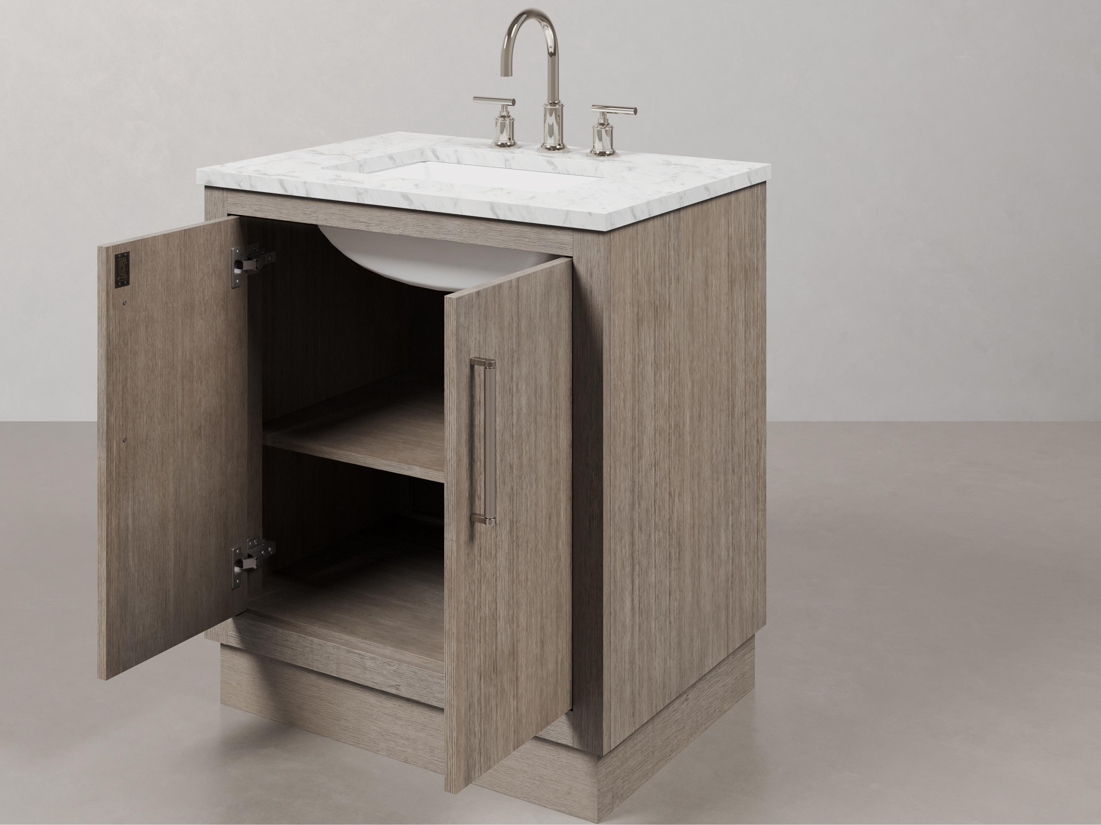 Water Creation Hugo Single Sink Carrara White Marble Countertop Bath Vanity in Grey Oak with Chrome Hardware, Gooseneck Faucet and Rectangular Mirror (S)