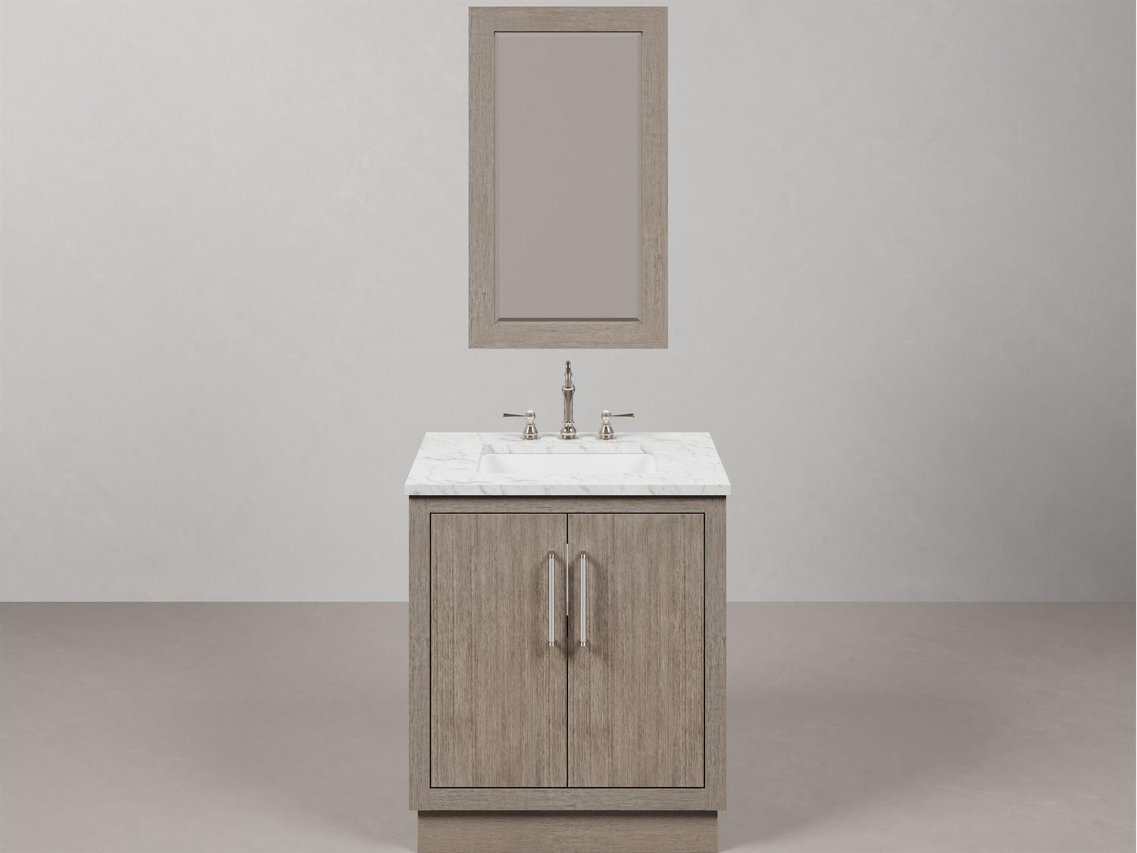 Water Creation Hugo Vanity in Grey Oak with Chrome Hardware, Hook Faucet and Rectangular Mirror (S)