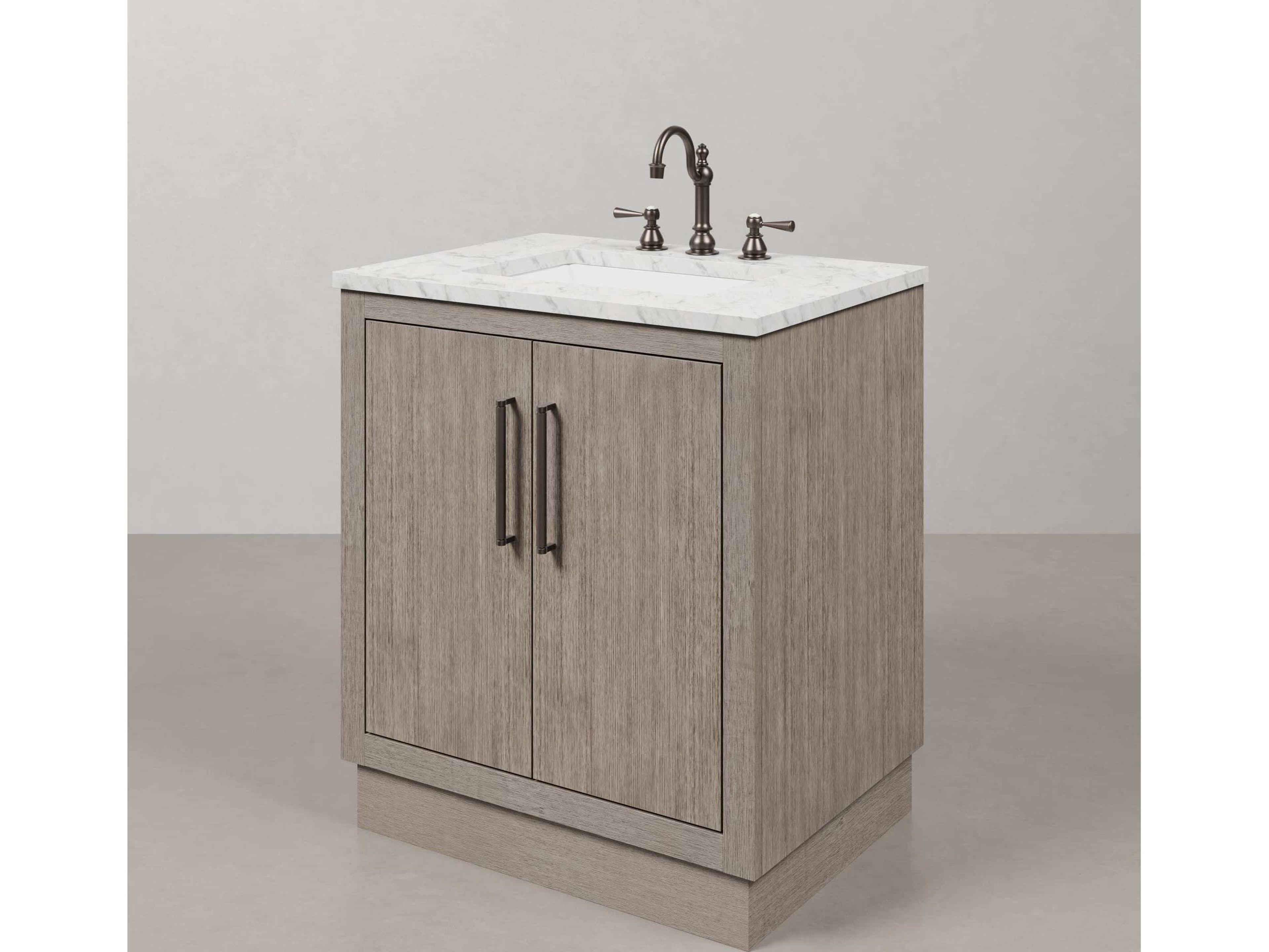 Water Creation Hugo Vanity in Grey Oak with Hook Faucet and Mirror