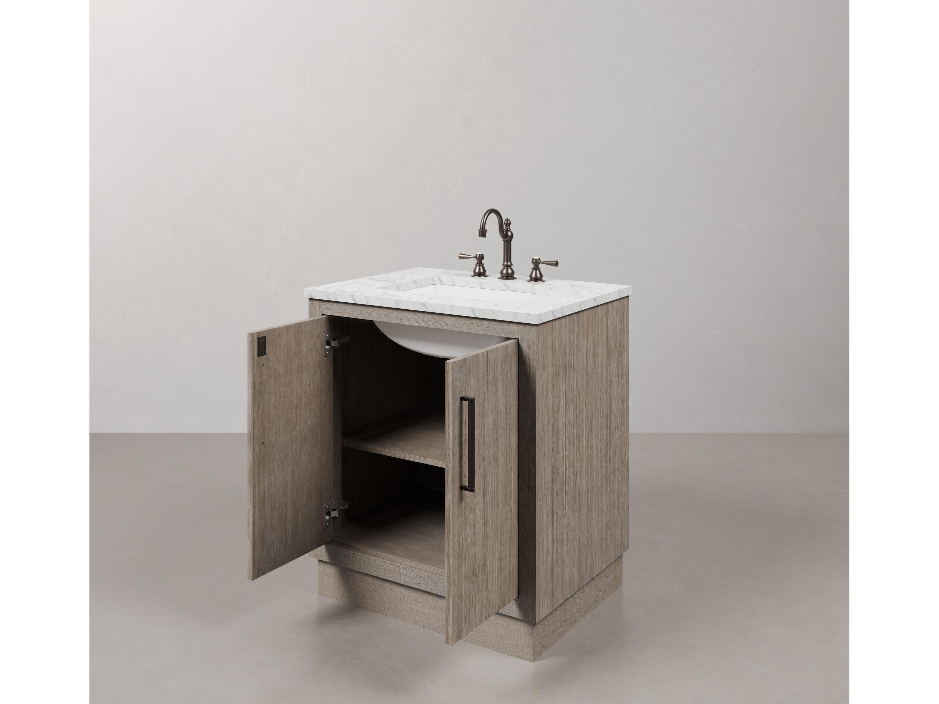 Water Creation Hugo Vanity in Grey Oak with Hook Faucet and Mirror