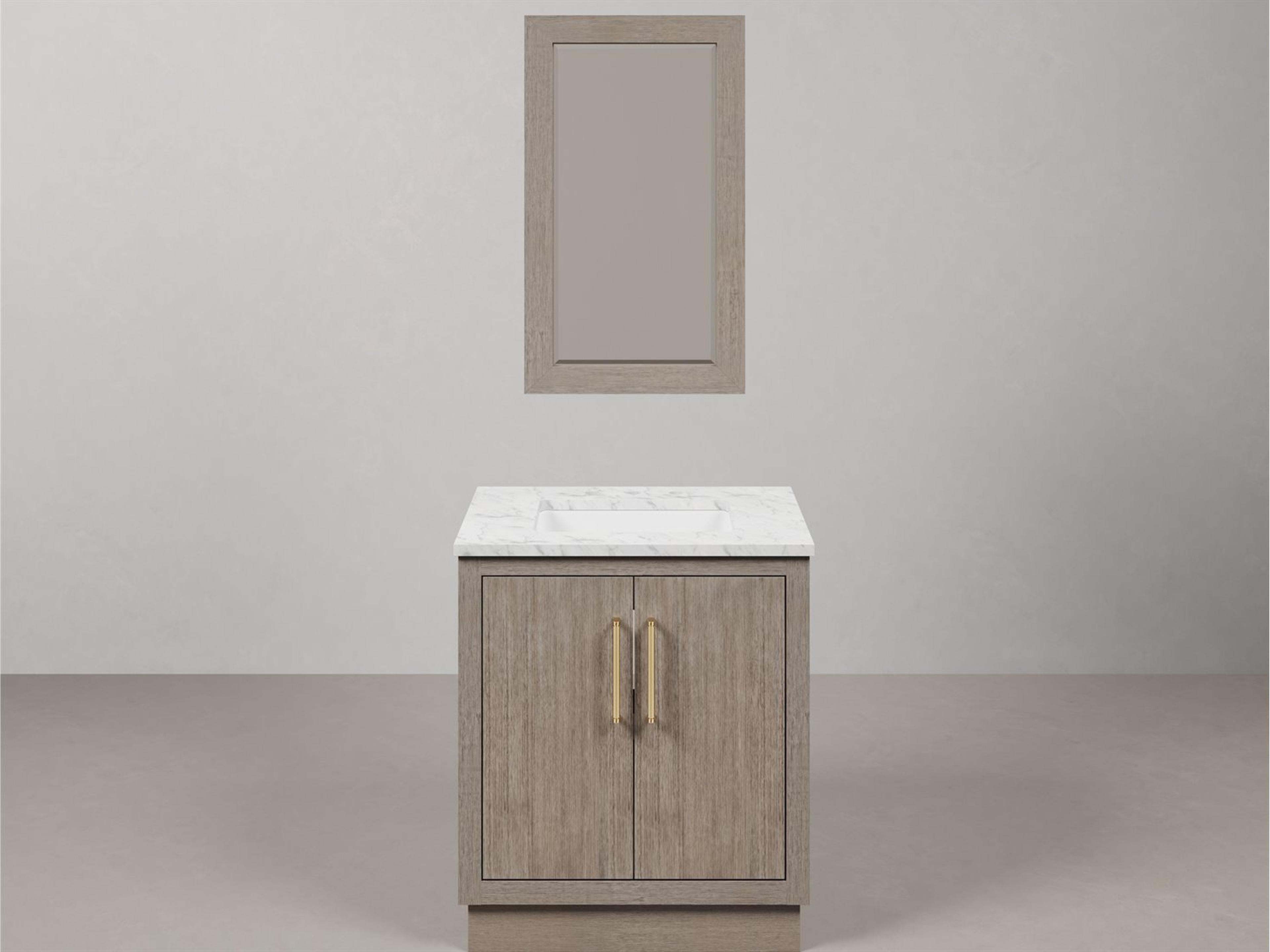 Water Creation Hugo Vanity in Grey Oak with Satin Gold Hardware and Rectangular Mirror (S)