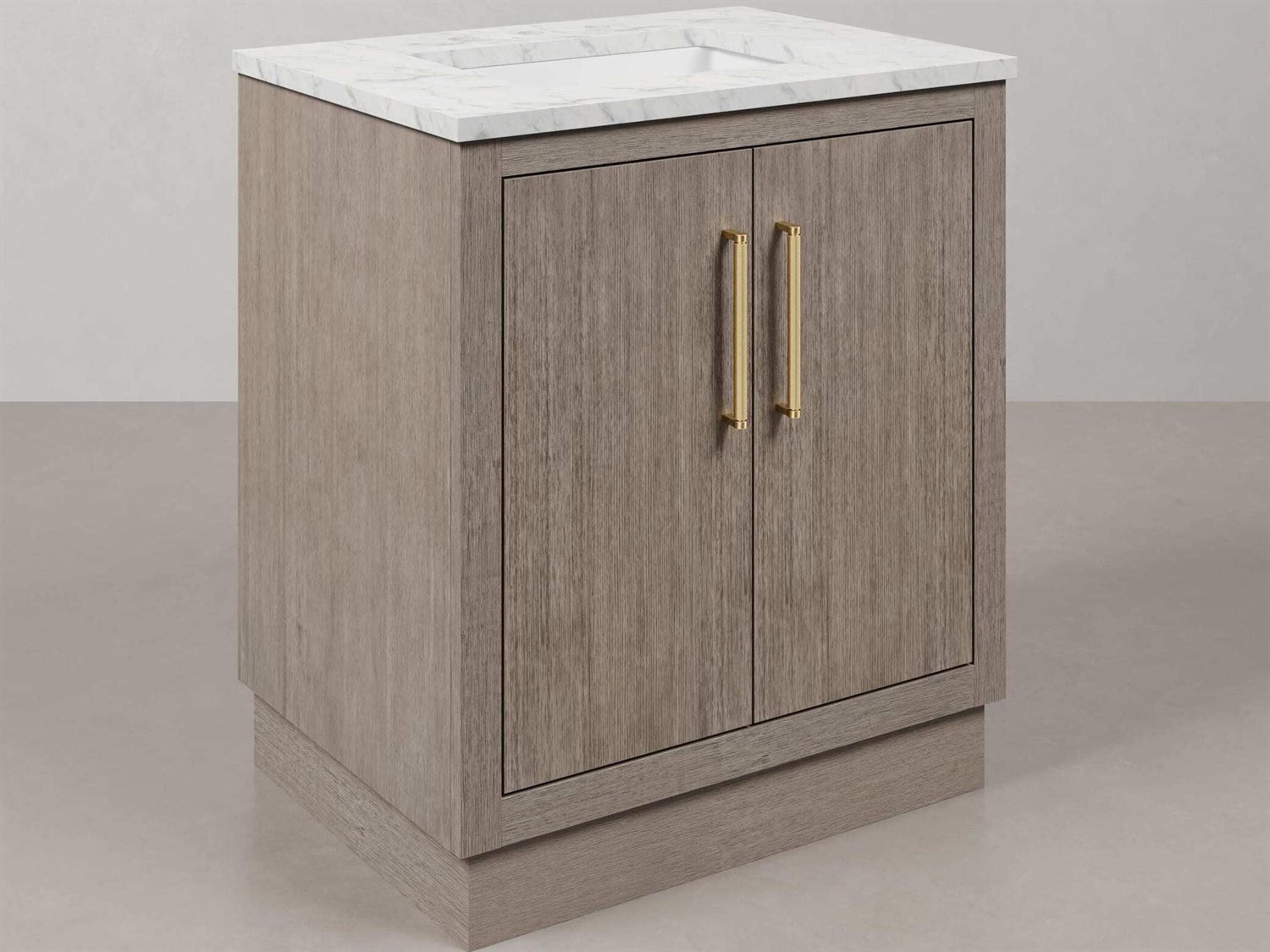 Water Creation Hugo Vanity in Grey Oak with Satin Gold Hardware and Rectangular Mirror (S)