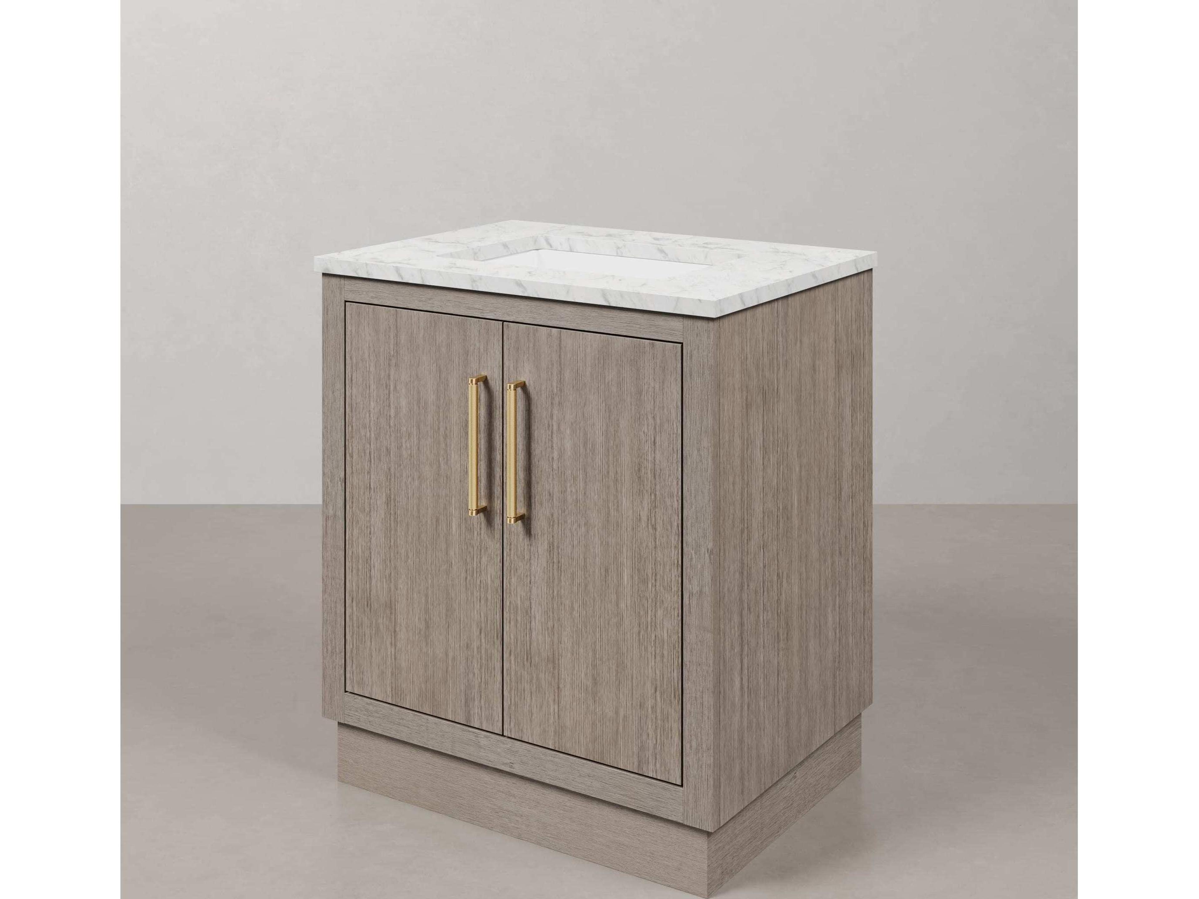 Water Creation Hugo Vanity in Grey Oak with Satin Gold Hardware and Rectangular Mirror (S)