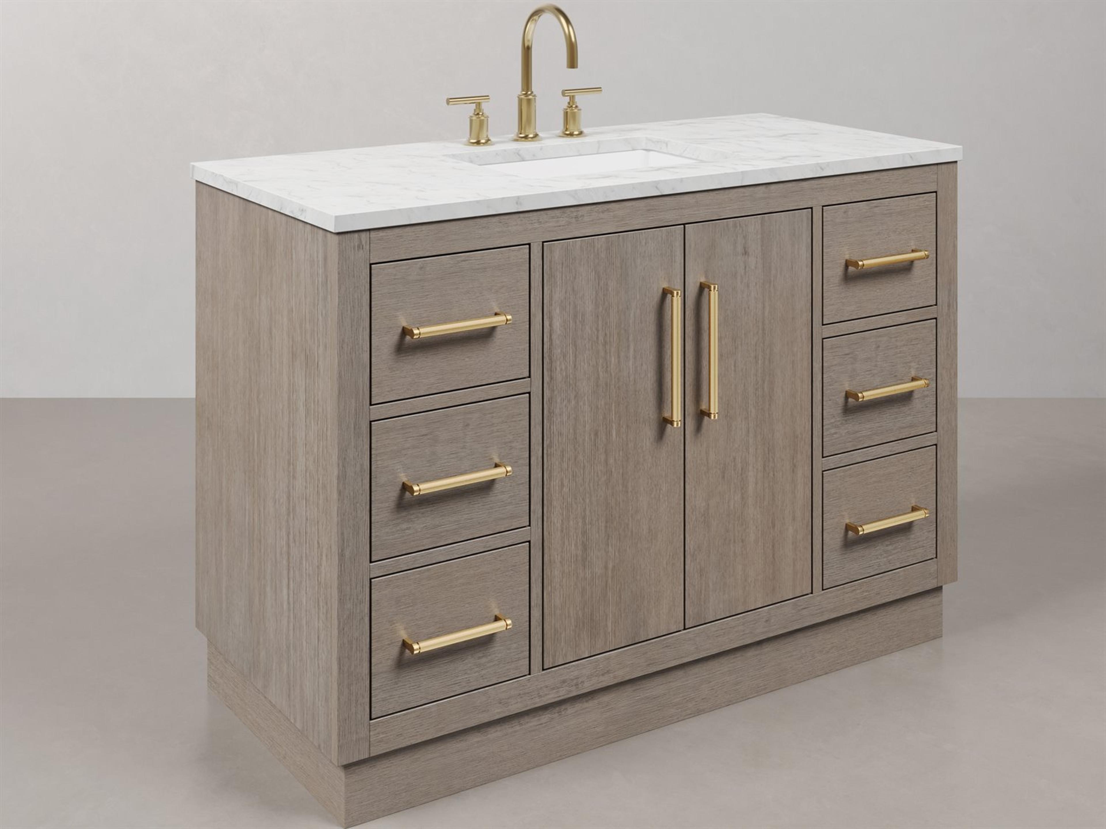 Hugo Vanity in Grey Oak with Satin Gold Hardware and Gooseneck Faucet