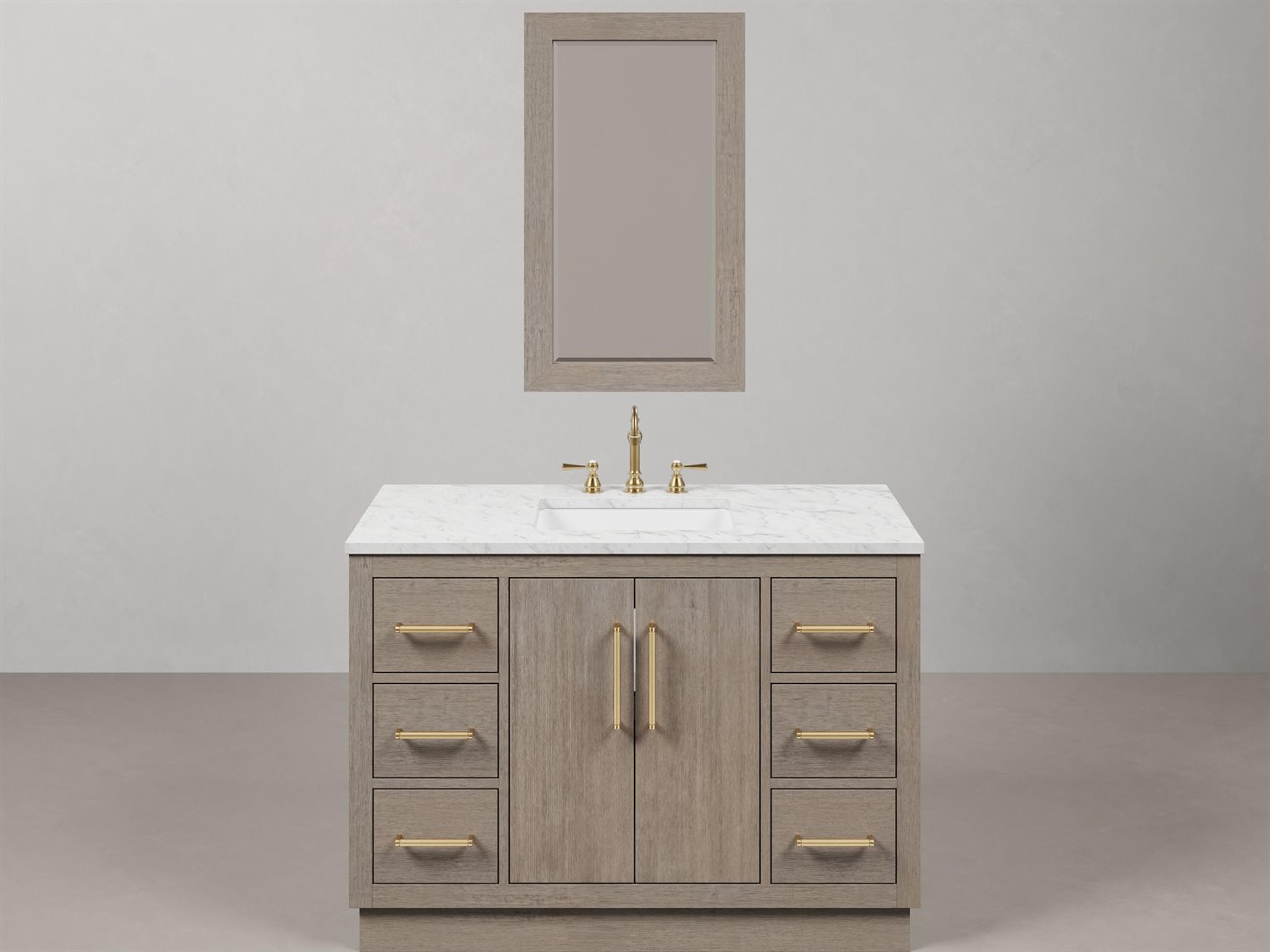 Hugo Vanity in Grey Oak with Satin Gold Hardware, Hook Faucet and Rectangular Mirror (S)