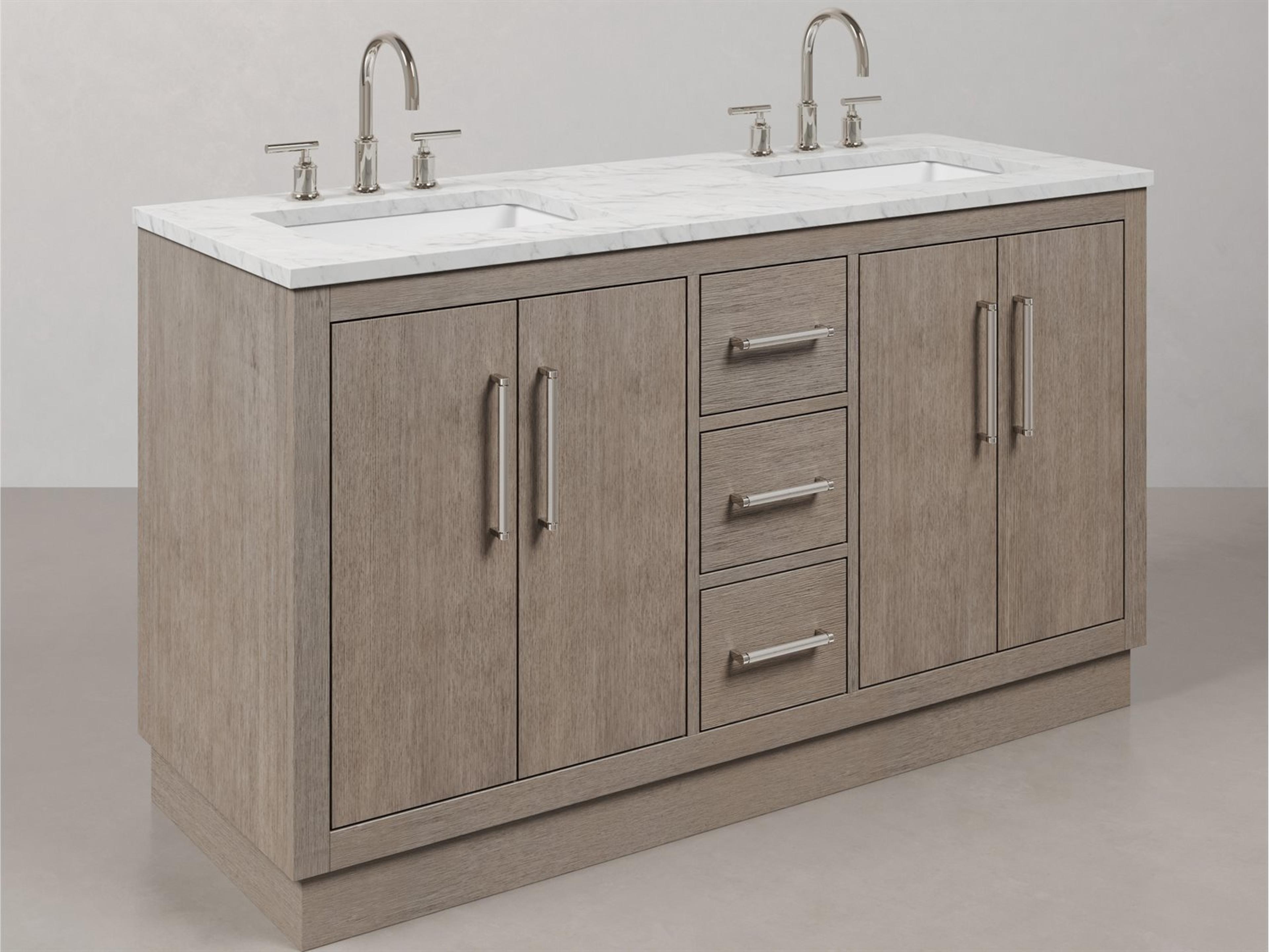 Hugo Vanity in Grey Oak with Chrome Hardware and Gooseneck Faucets
