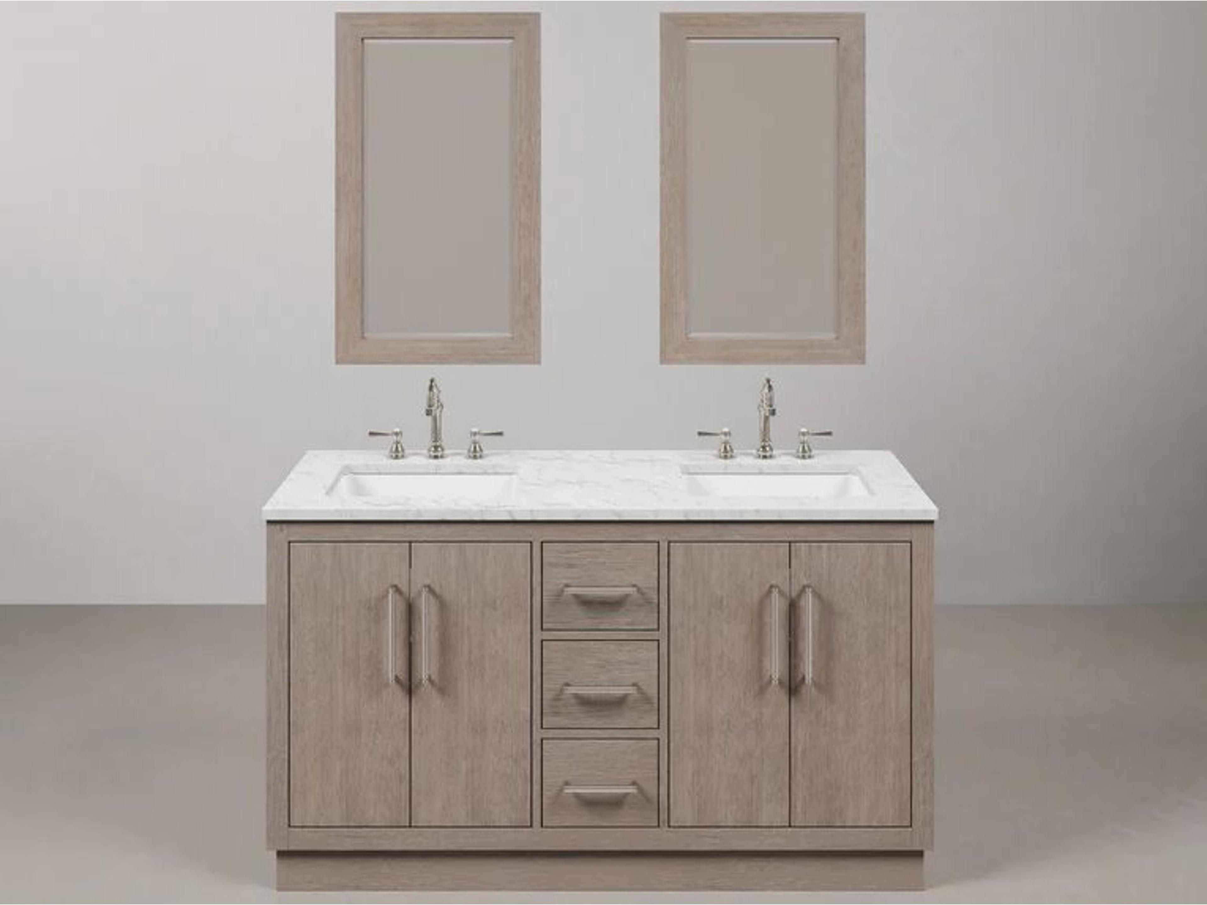 Hugo Double Sink Carrara White Marble Countertop Bath Vanity in Grey Oak with Chrome Hardware, Gooseneck Faucets and Rectangular Mirrors (S)
