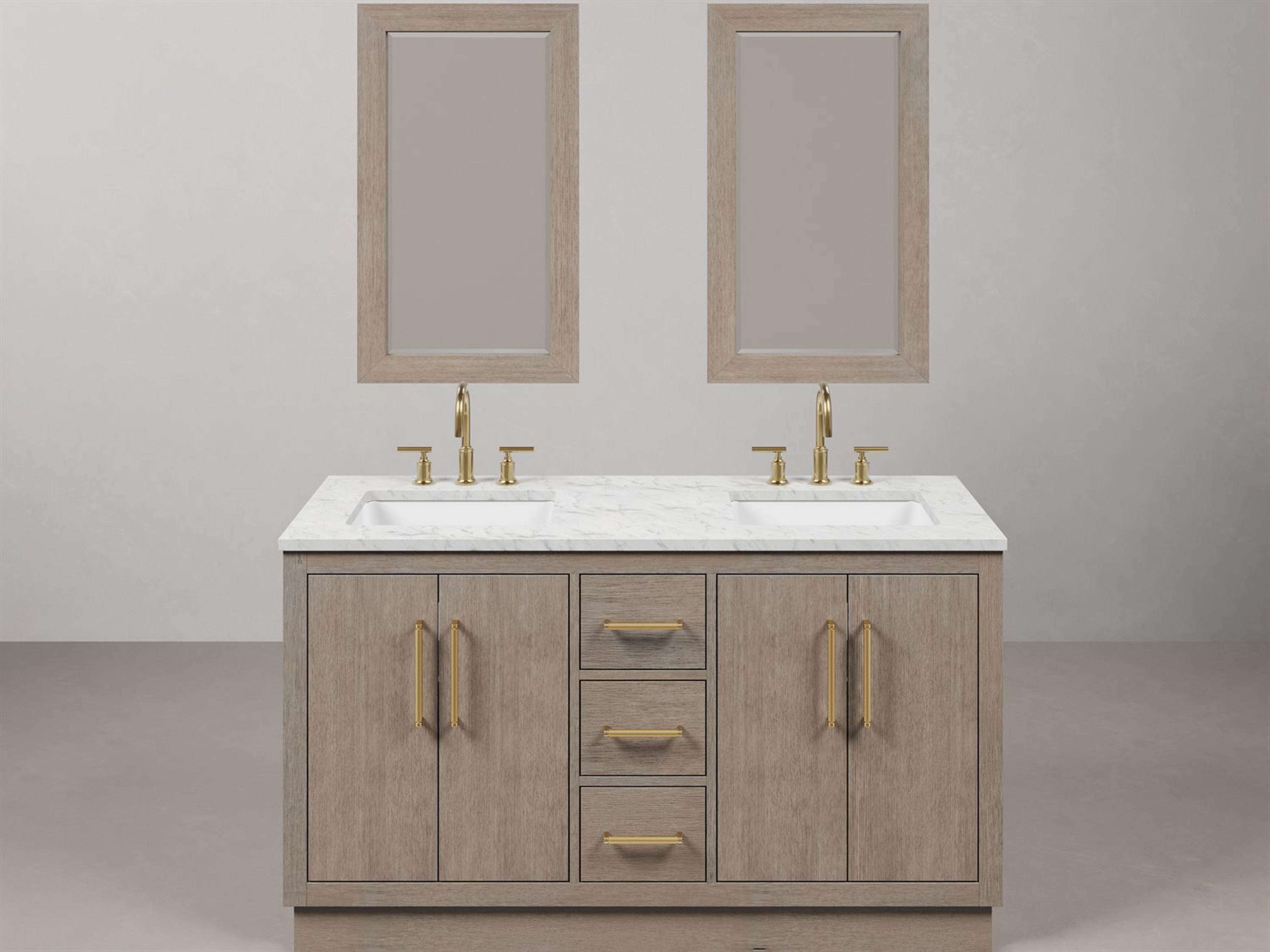 Hugo Vanity in Grey Oak with Satin Gold Hardware, Gooseneck Faucets and Rectangular Mirrors (S)