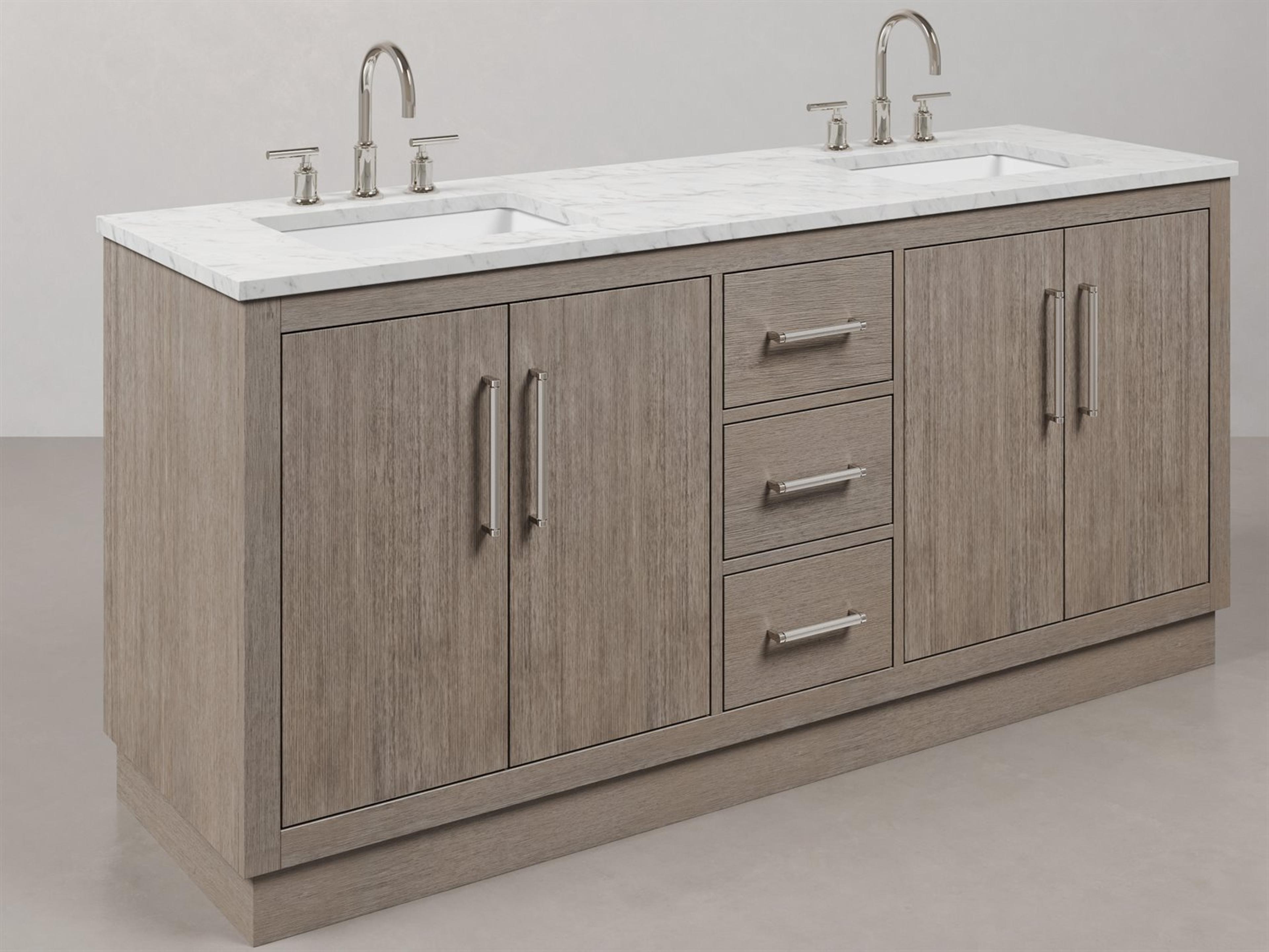 Hugo Double Sink Carrara White Marble Countertop Bath Vanity in Grey Oak with Chrome Hardware, Gooseneck Faucets and Rectangular Mirrors (S)