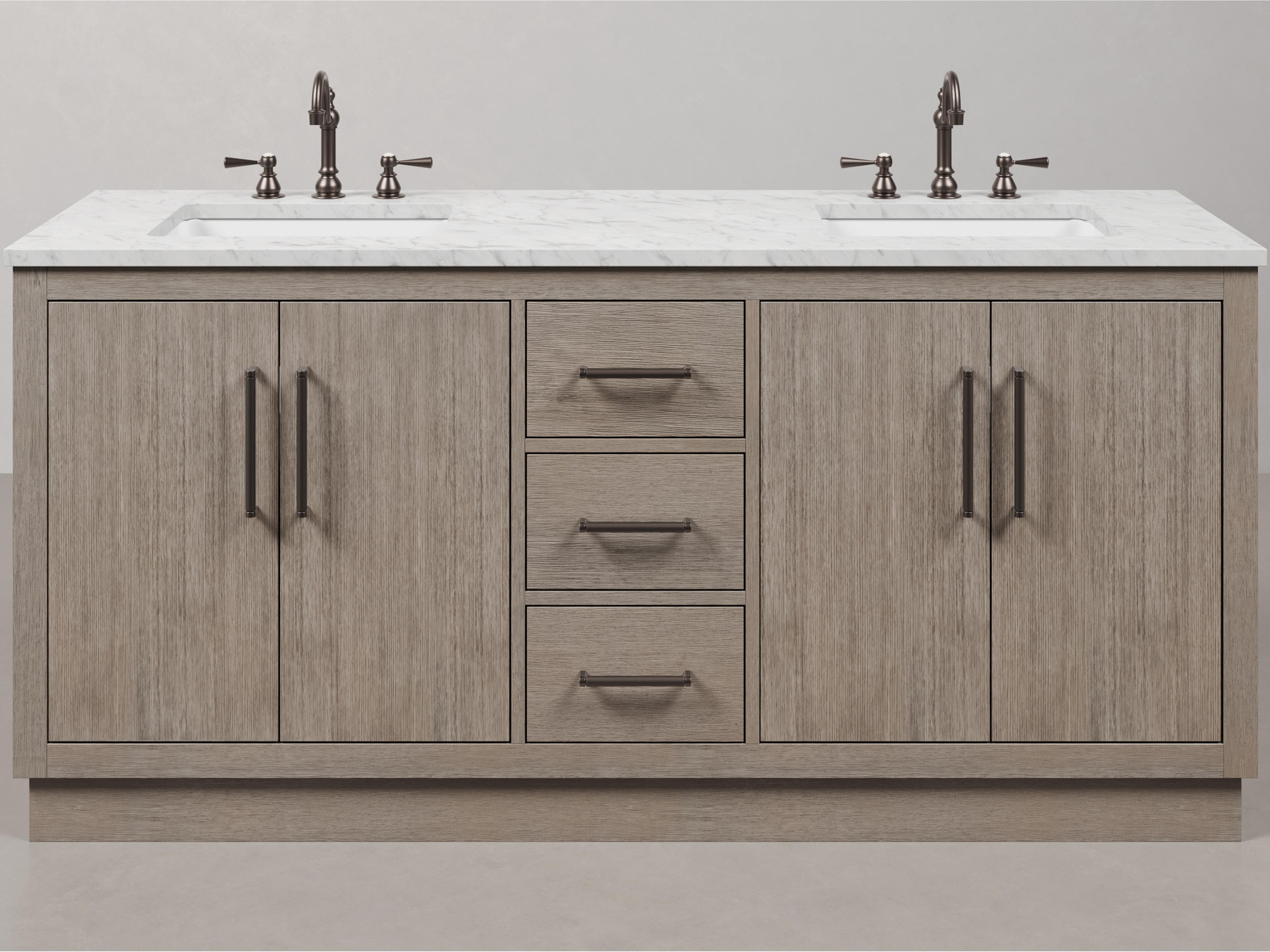 Hugo Single Sink Carrara White Marble Countertop Vanity in Grey Oak with Oil Rubbed Bronze Hook Faucet