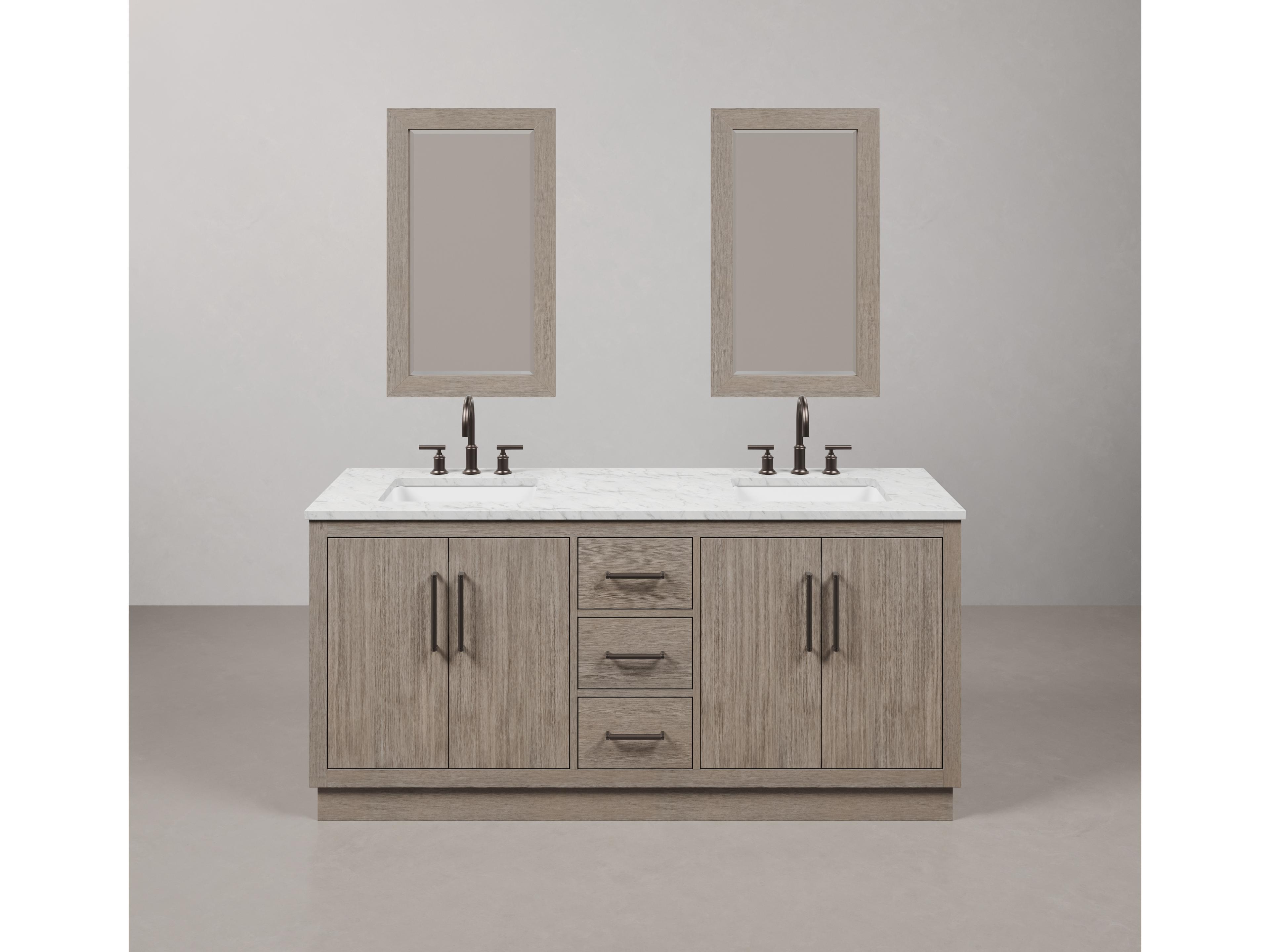 Hugo Single Sink Carrara White Marble Countertop Vanity in Grey Oak with Gooseneck Faucet and Mirror