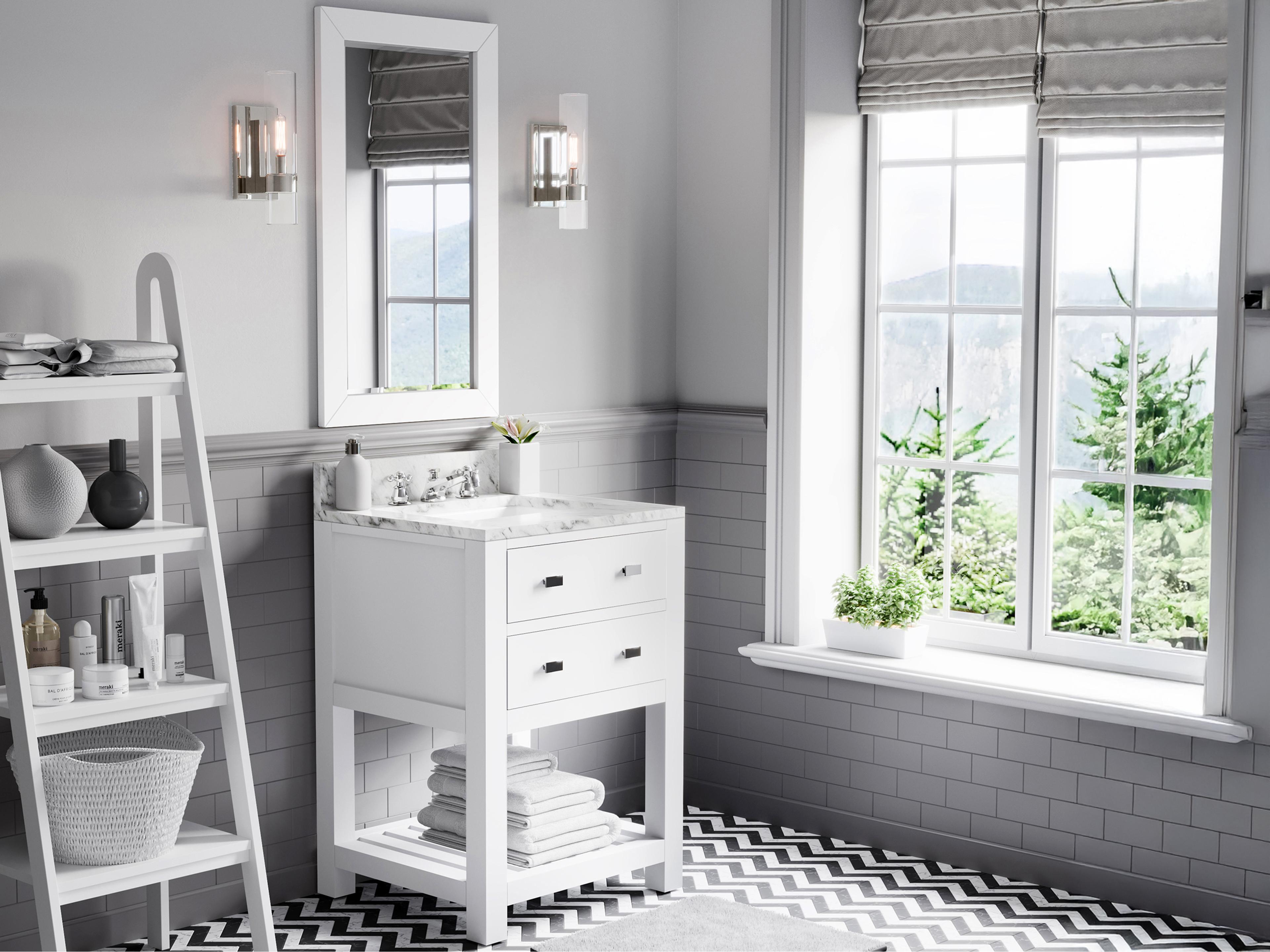 Water Creation Madalyn Single Sink Carrara White Marble Countertop Bath Vanity in Pure White with Chrome Classic Faucet and Rectangular Mirror (S)