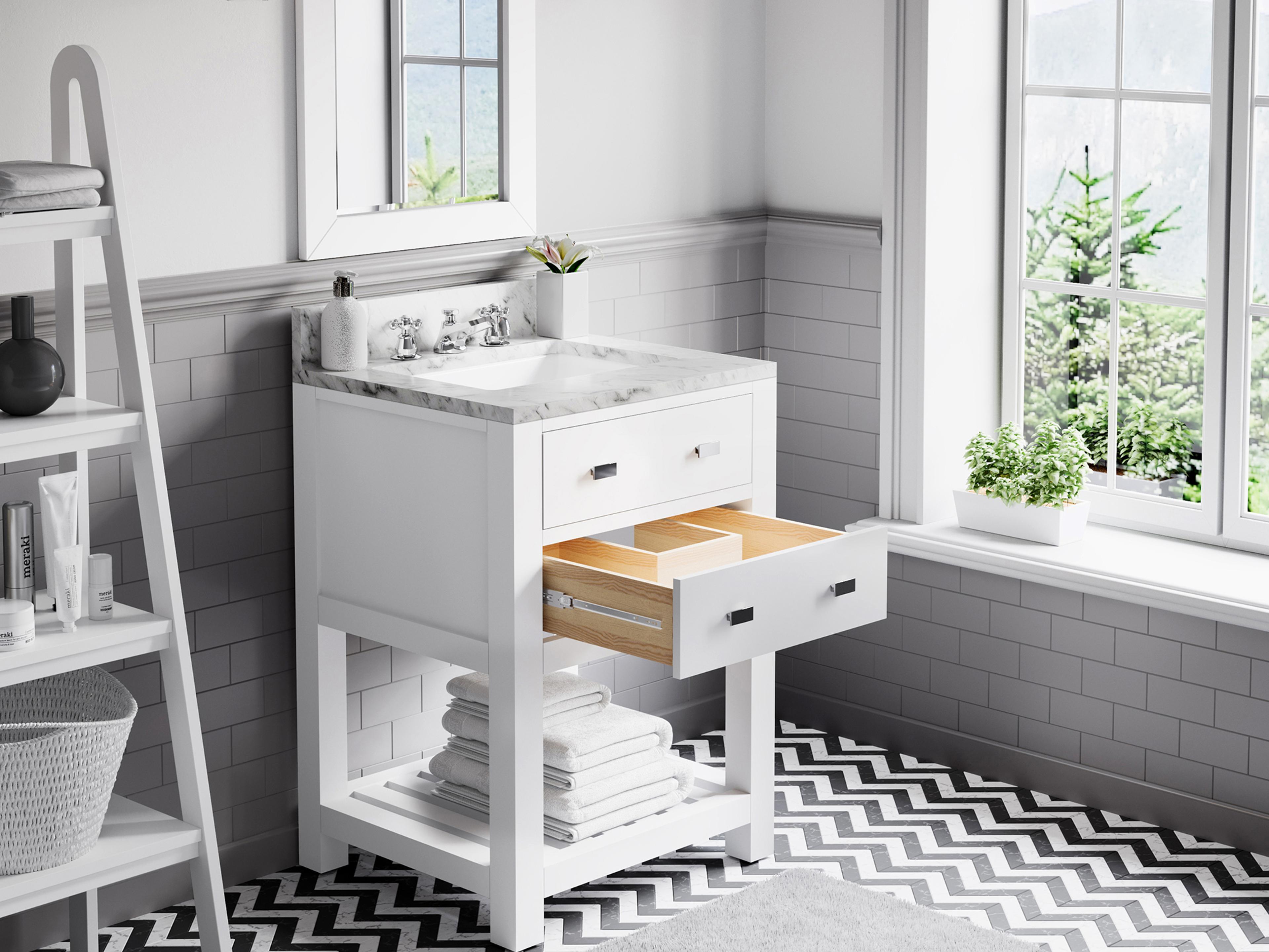 Water Creation Madalyn Single Sink Carrara White Marble Countertop Bath Vanity in Pure White with Chrome Classic Faucet and Rectangular Mirror (S)