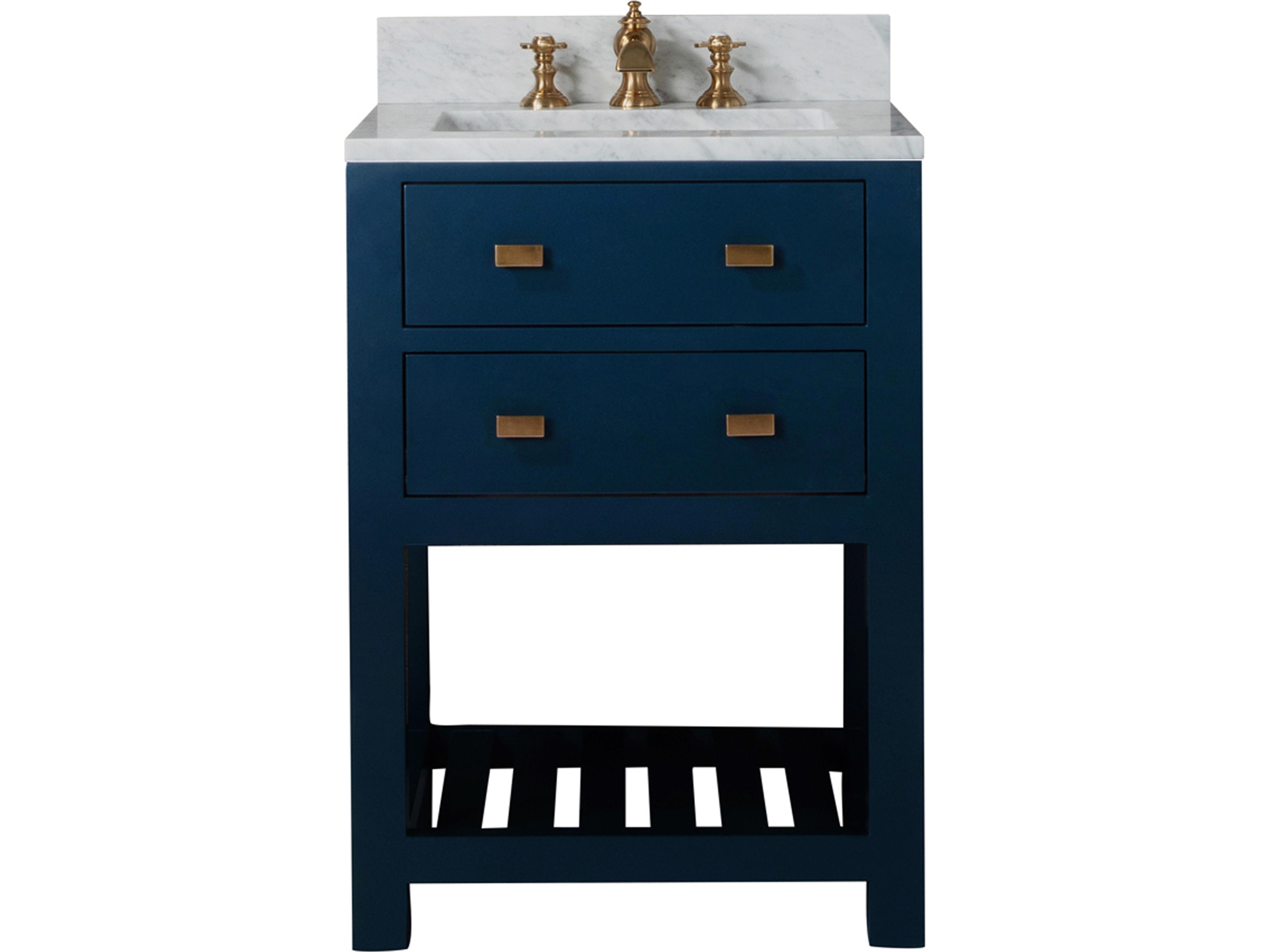 Water Creation Madalyn Single Sink Carrara White Marble Countertop Bath Vanity in Monarch Blue with Satin Gold Waterfall Faucet