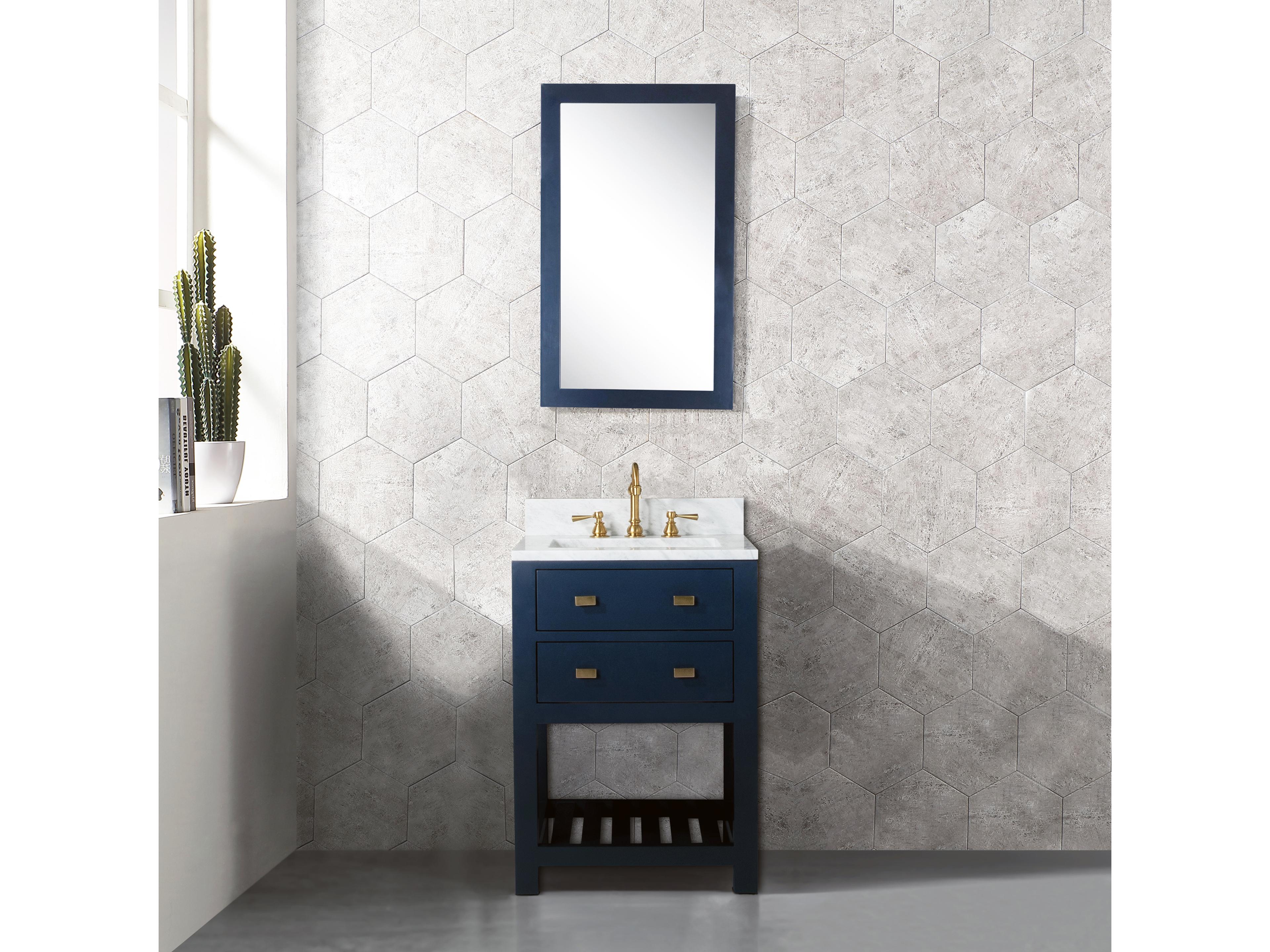 Water Creation Madalyn Single Sink Carrara White Marble Countertop Bath Vanity in Monarch Blue with Satin Gold Hook Faucet