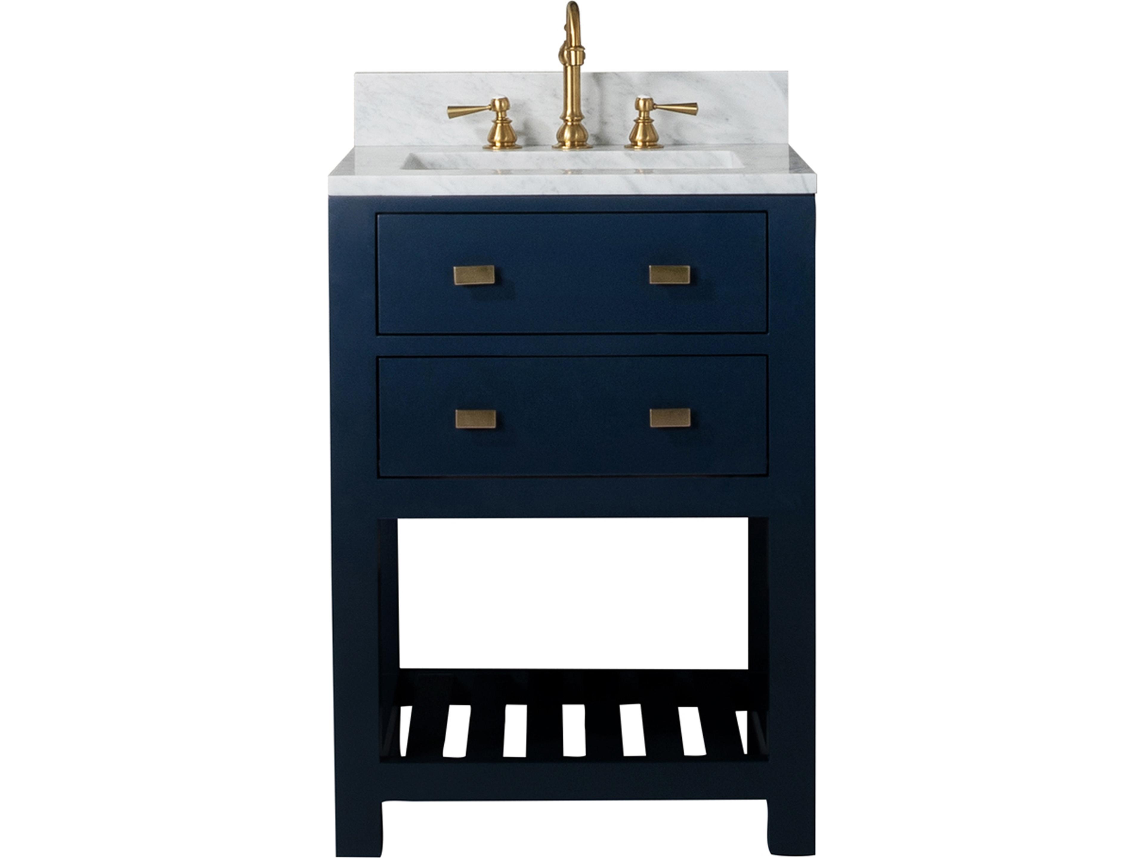 Water Creation Madalyn Single Sink Carrara White Marble Countertop Bath Vanity in Monarch Blue with Satin Gold Hook Faucet
