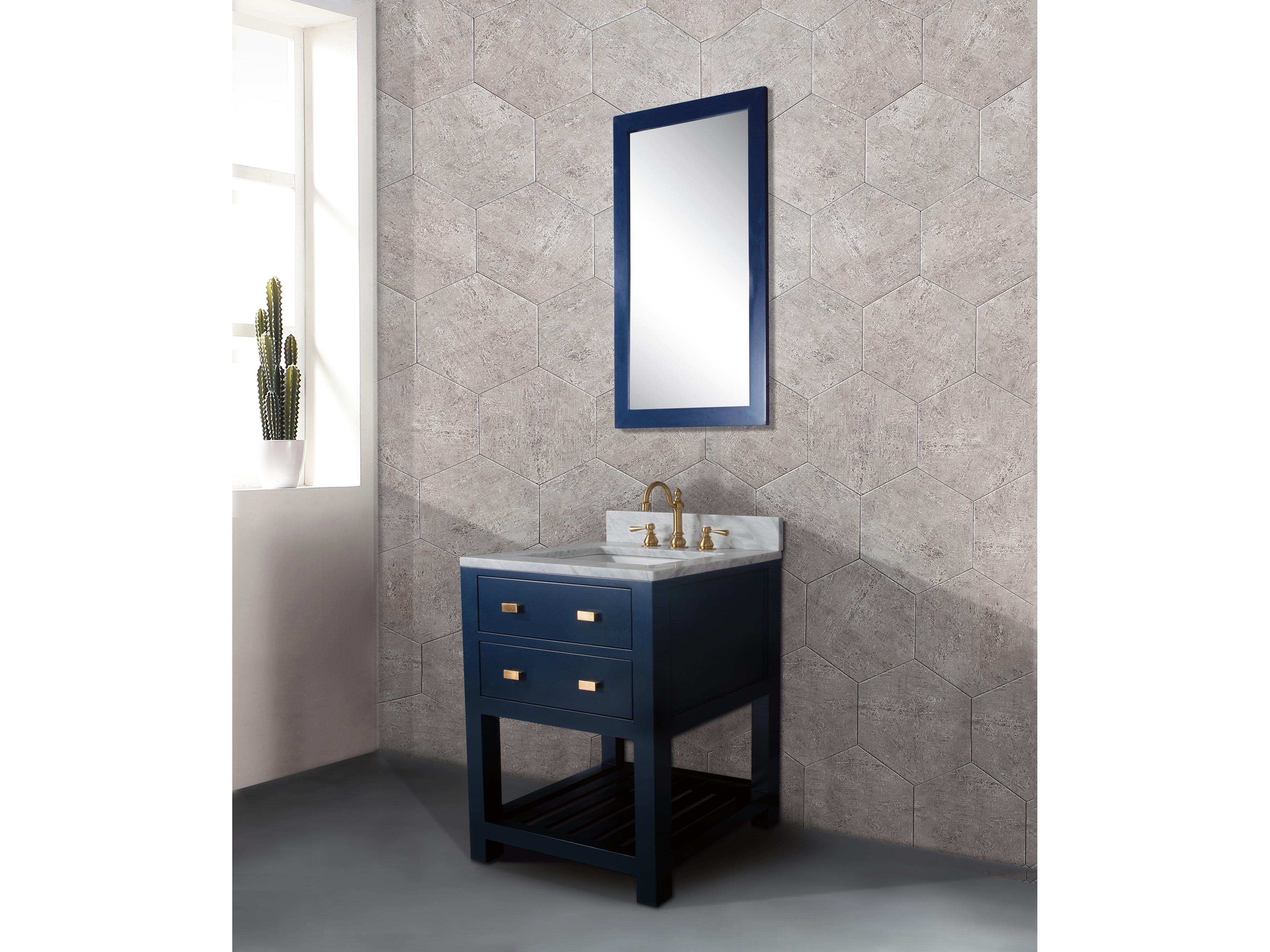 Water Creation Madalyn Single Sink Carrara White Marble Countertop Bath Vanity in Monarch Blue with Satin Gold Hook Faucet