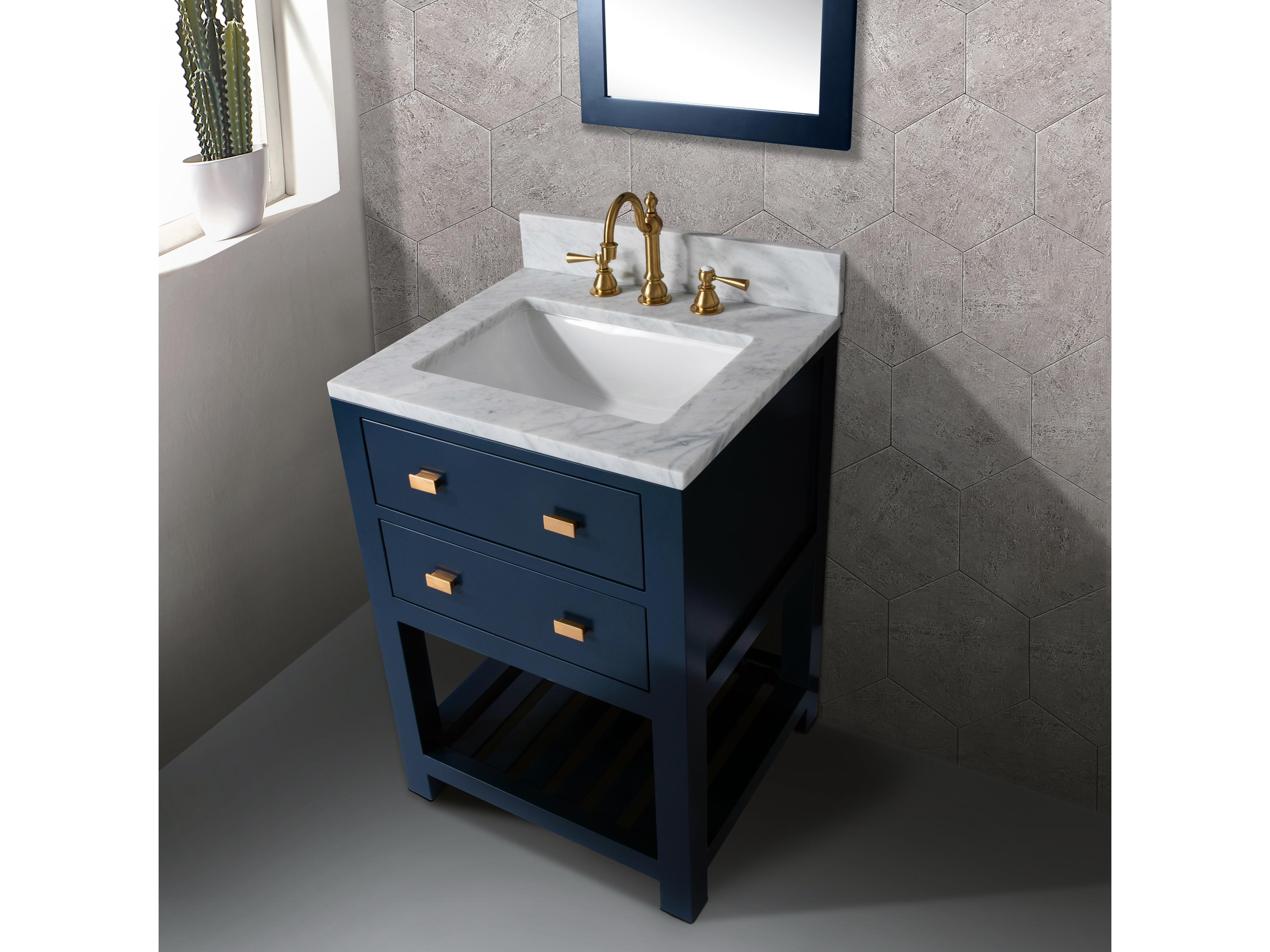 Water Creation Madalyn Single Sink Carrara White Marble Countertop Bath Vanity in Monarch Blue with Satin Gold Hook Faucet