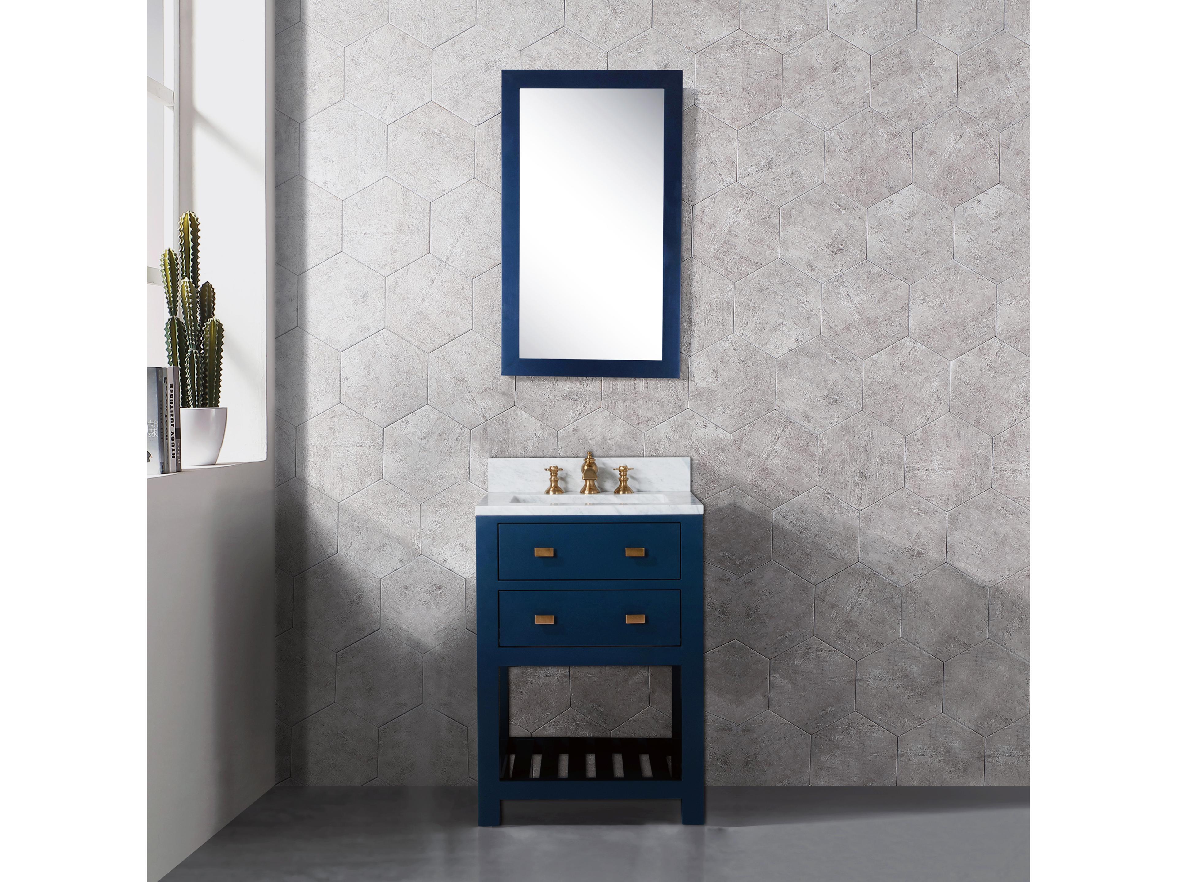Water Creation Madalyn Single Sink Carrara White Marble Countertop Bath Vanity in Monarch Blue with Satin Gold Waterfall Faucet and Rectangular Mirror (S)