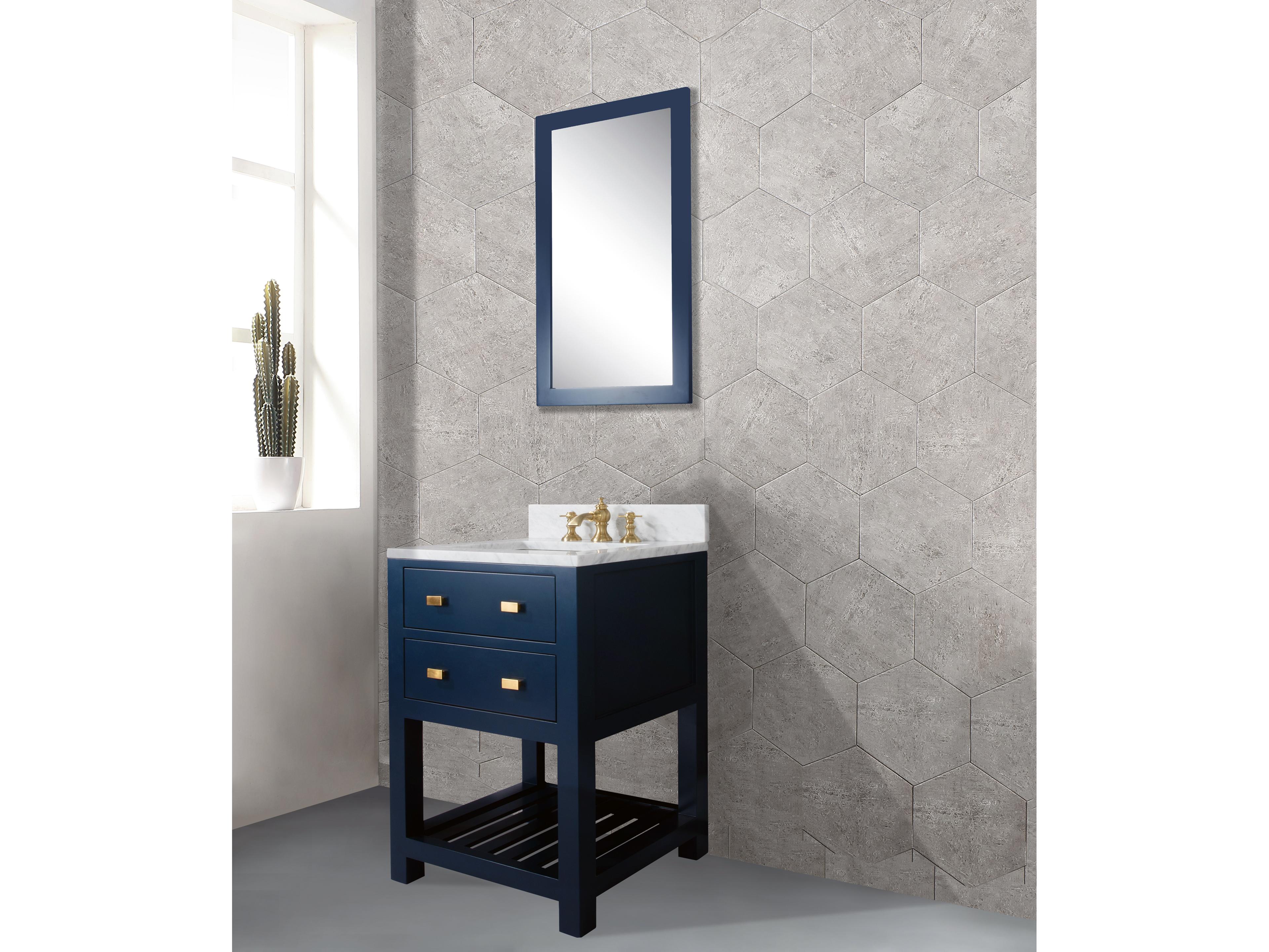 Water Creation Madalyn Single Sink Carrara White Marble Countertop Bath Vanity in Monarch Blue with Satin Gold Waterfall Faucet and Rectangular Mirror (S)