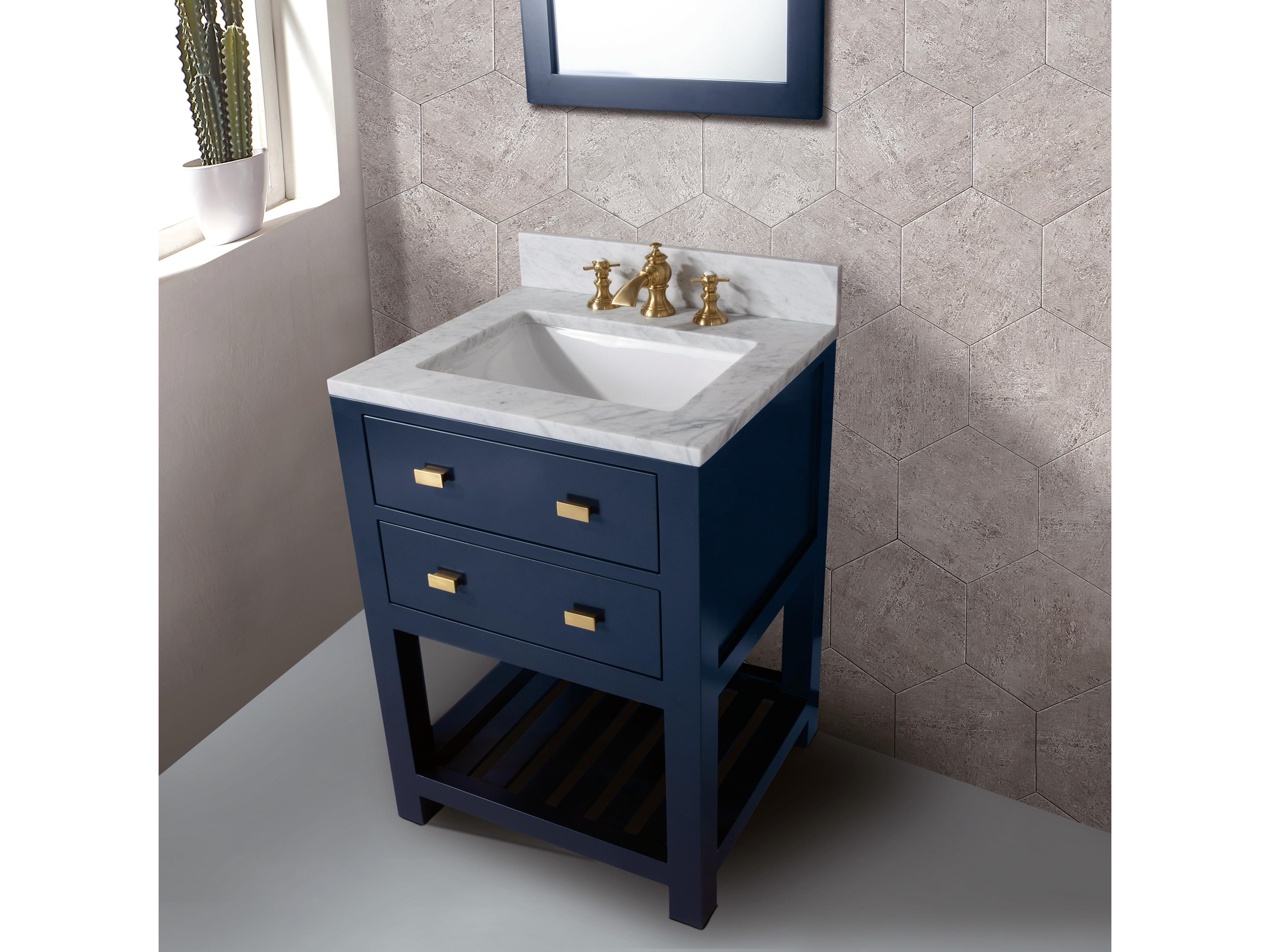 Water Creation Madalyn Single Sink Carrara White Marble Countertop Bath Vanity in Monarch Blue with Satin Gold Waterfall Faucet and Rectangular Mirror (S)