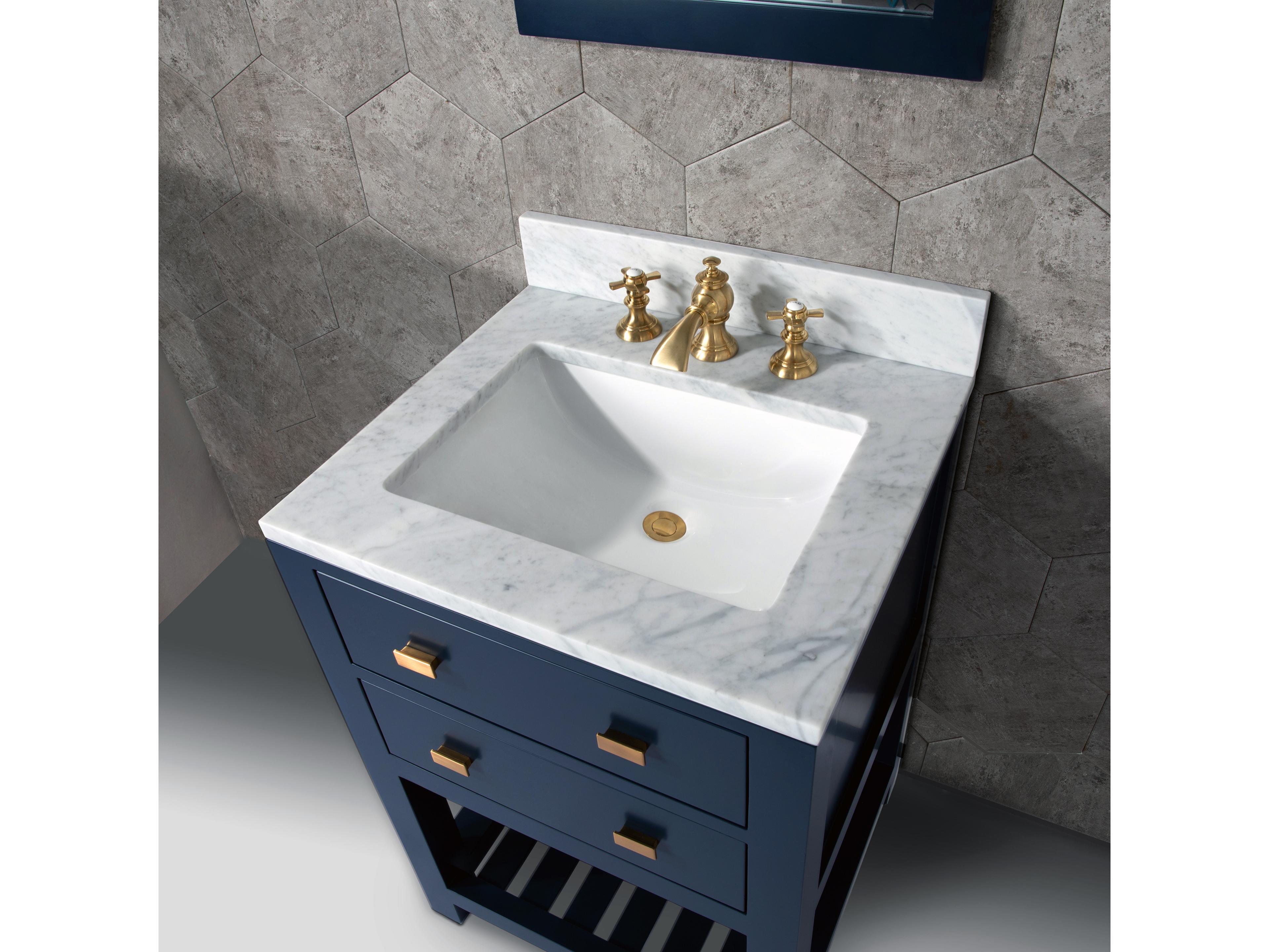 Water Creation Madalyn Single Sink Carrara White Marble Countertop Bath Vanity in Monarch Blue with Satin Gold Waterfall Faucet and Rectangular Mirror (S)