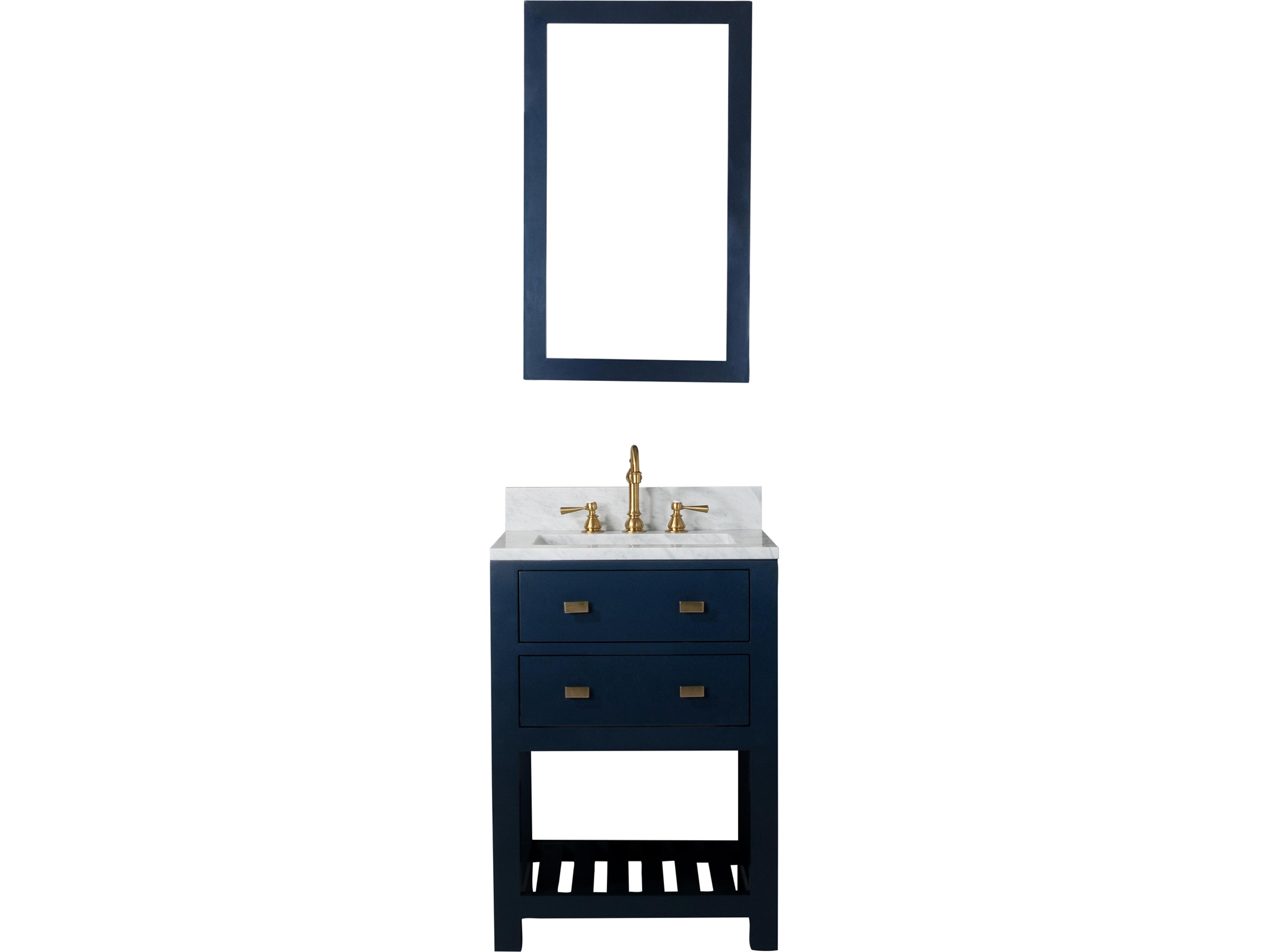 Madalyn Single Sink Carrara White Marble Countertop Bath Vanity in Monarch Blue with Satin Gold Hook Faucet and Rectangular Mirror (S)