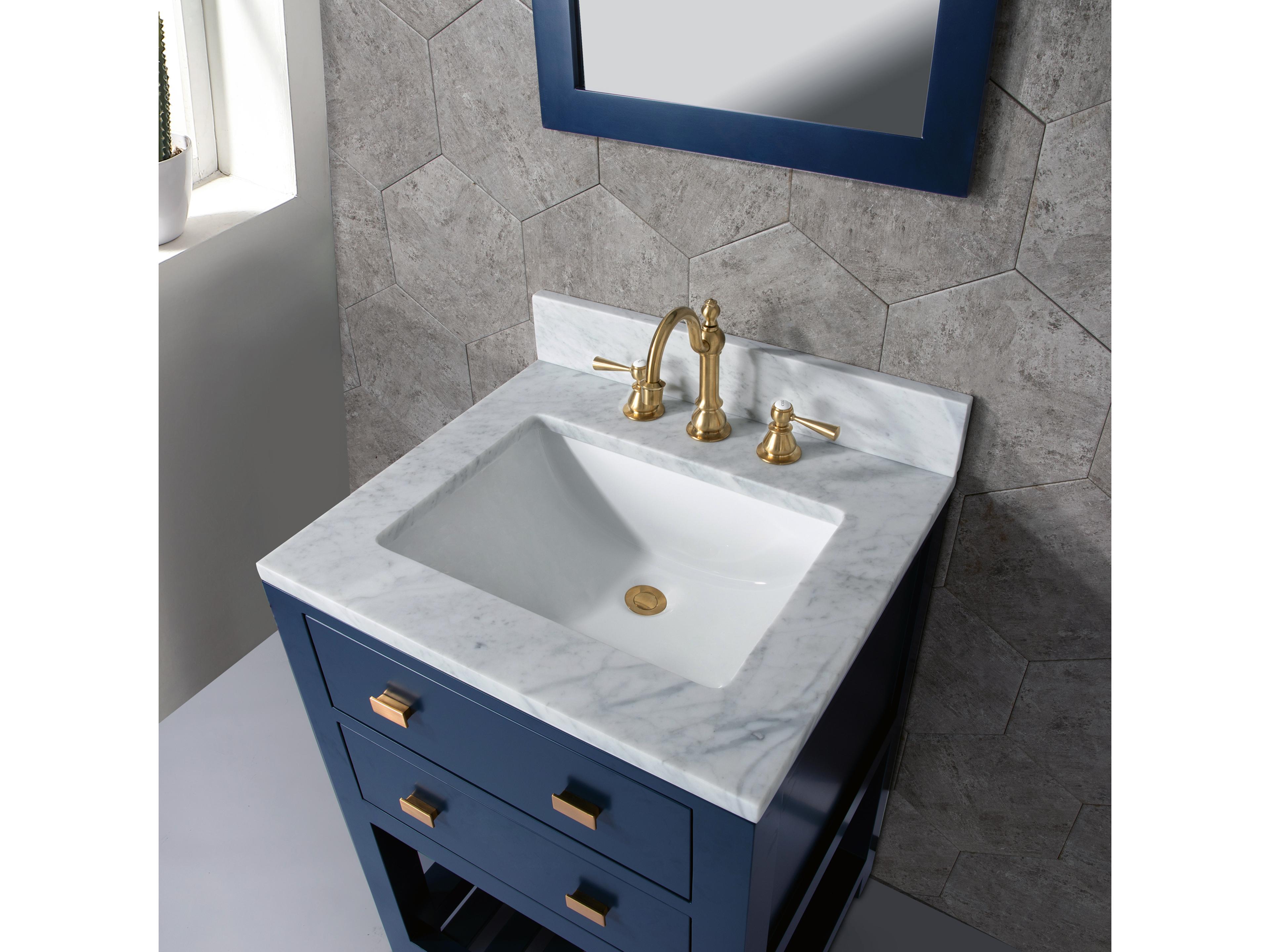 Water Creation Madalyn Single Sink Carrara White Marble Countertop Bath Vanity in Monarch Blue with Satin Gold Hook Faucet and Rectangular Mirror (S)