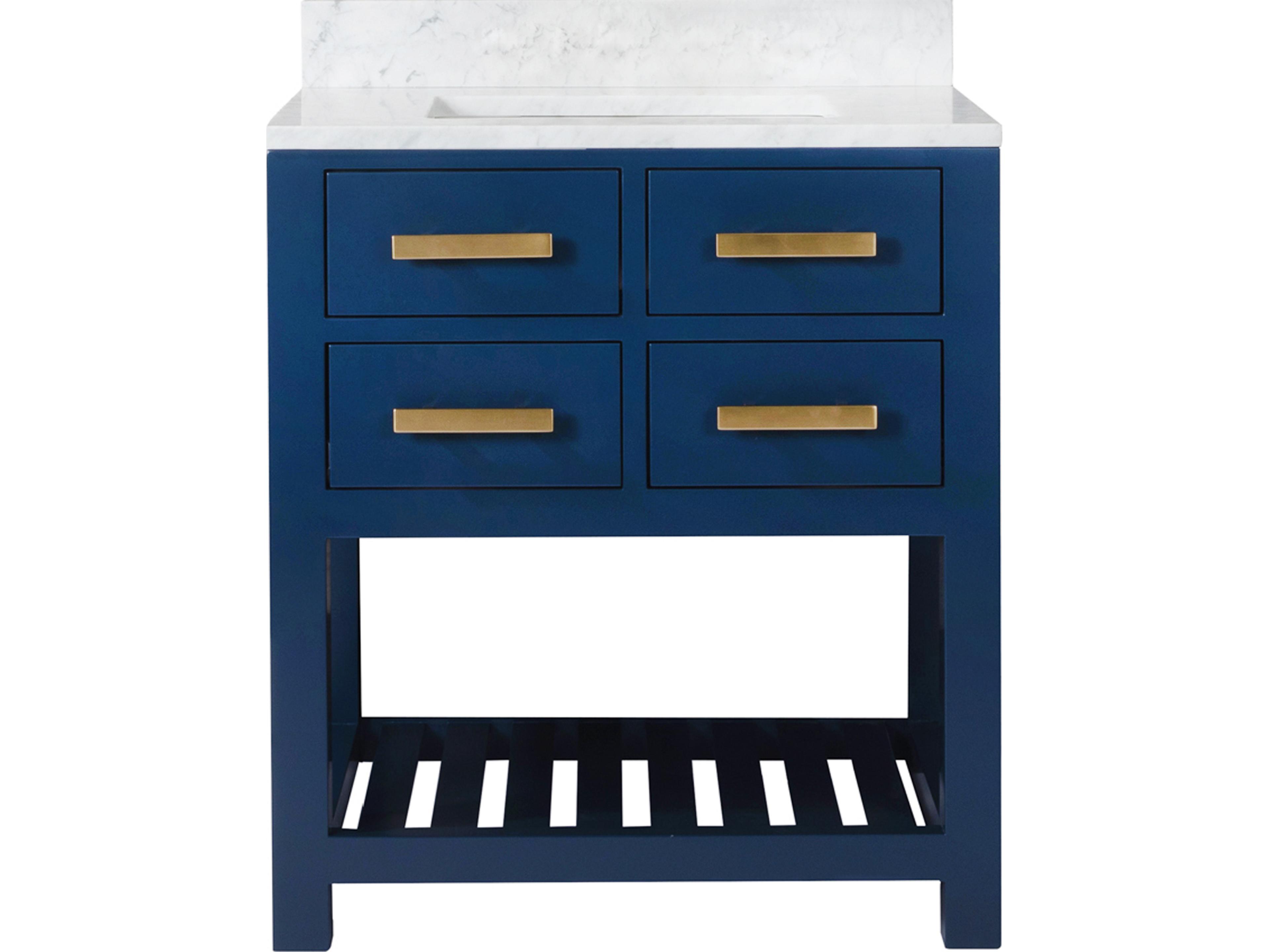 Madalyn Single Sink Carrara White Marble Countertop Bath Vanity in Monarch Blue