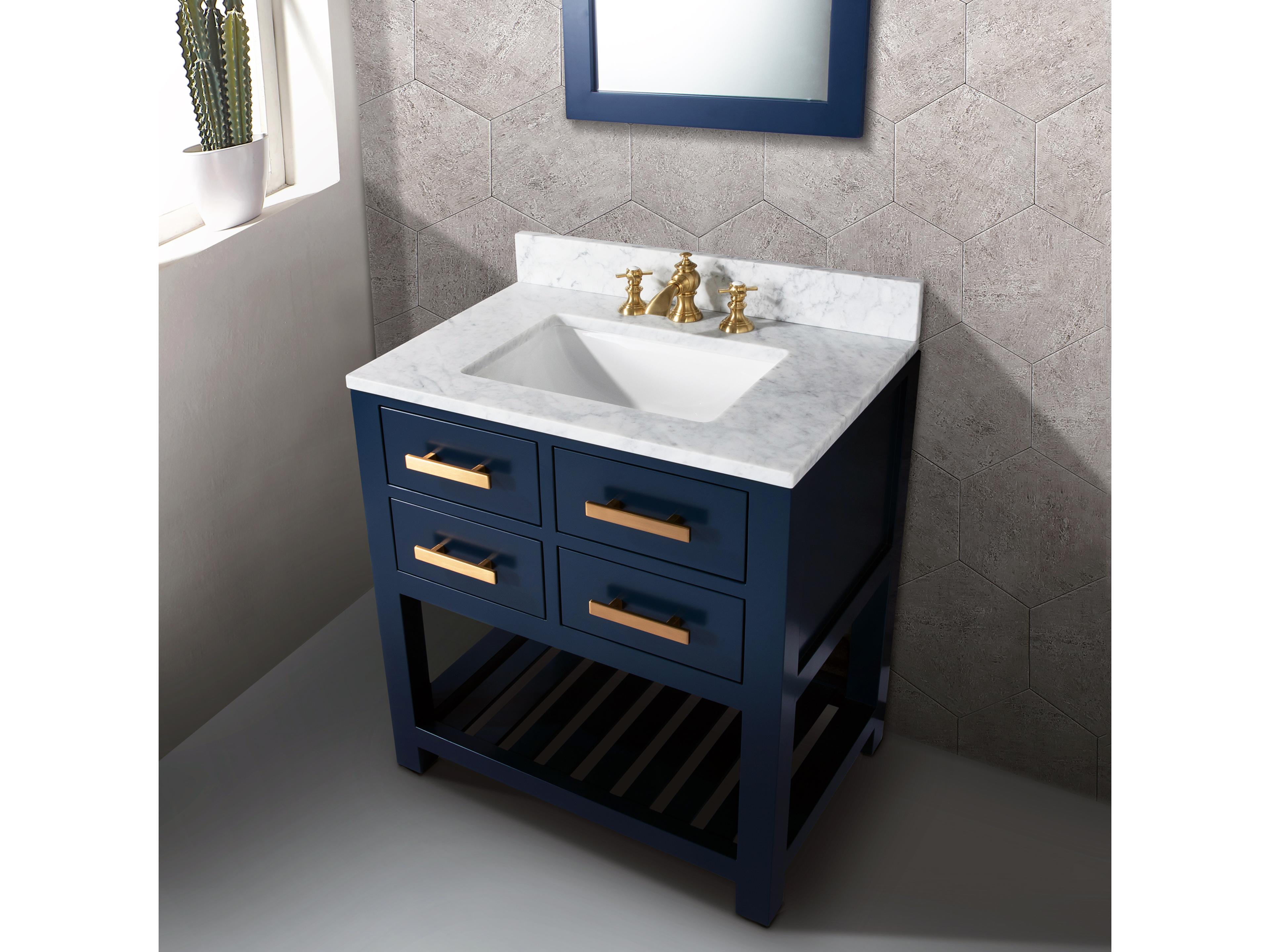 Water Creation Madalyn Single Sink Carrara White Marble Countertop Bath Vanity in Monarch Blue
