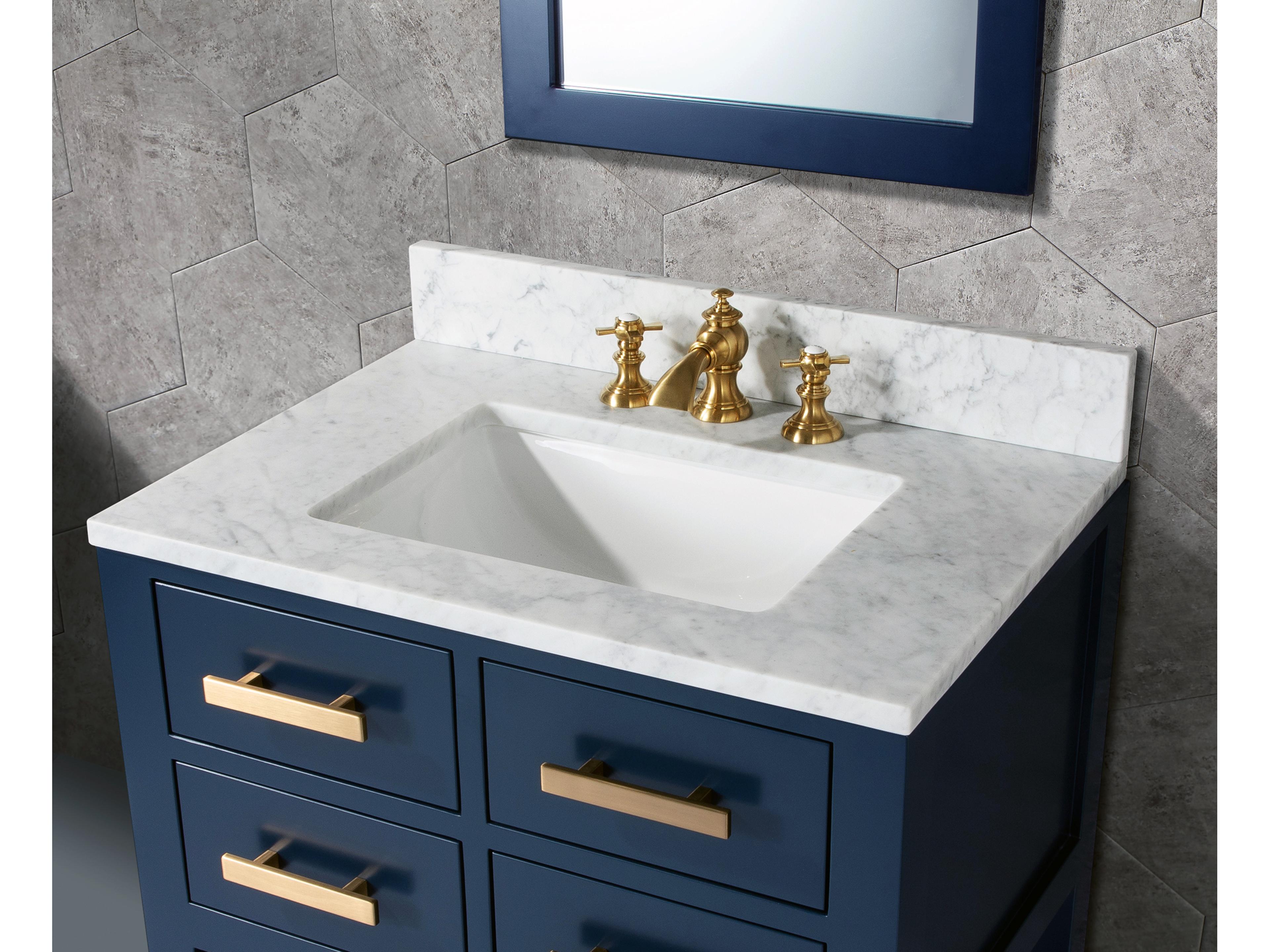 Water Creation Madalyn Single Sink Carrara White Marble Countertop Bath Vanity in Monarch Blue