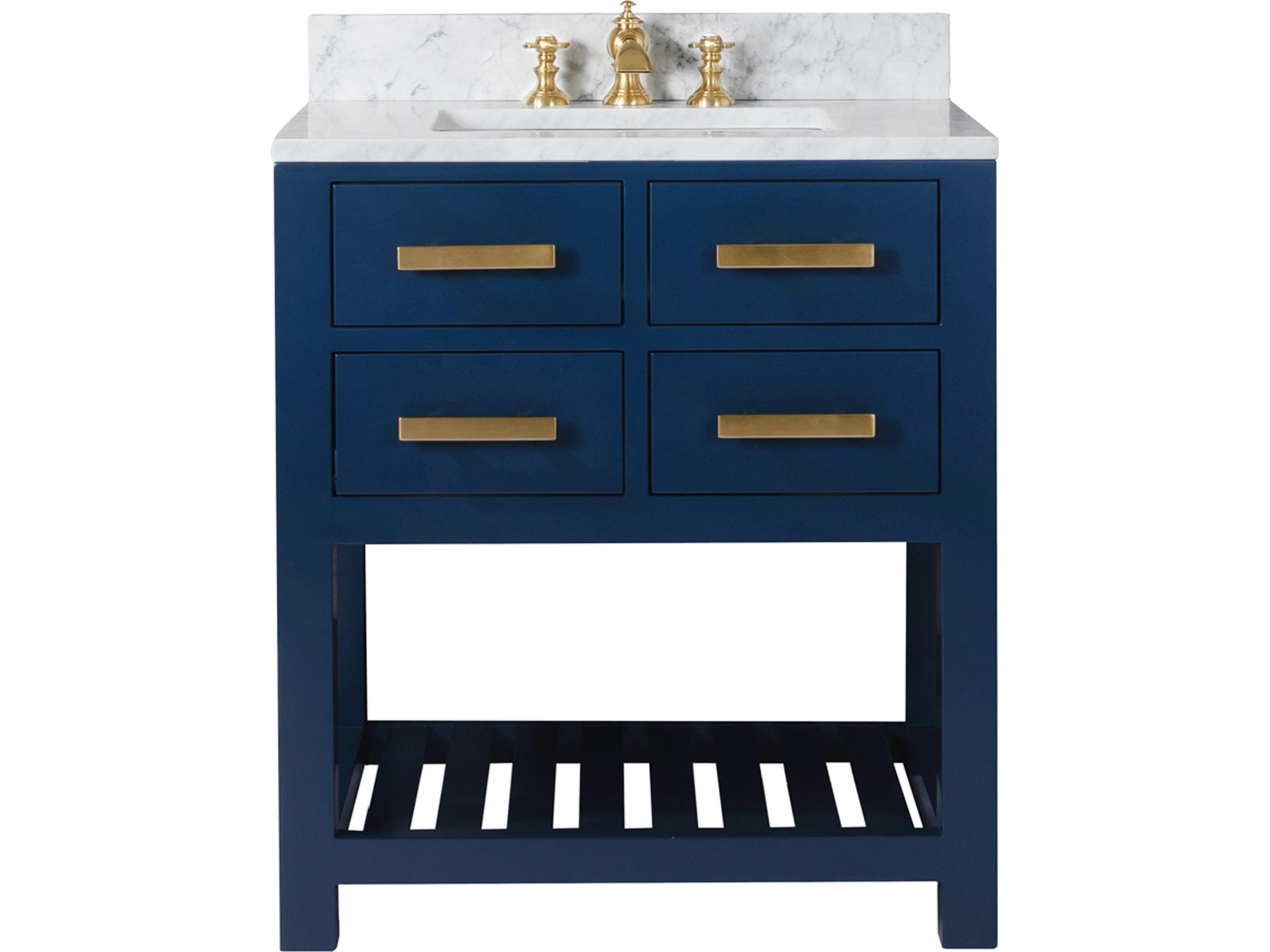 Madalyn Single Sink Carrara White Marble Countertop Bath Vanity in Monarch Blue with Satin Gold Waterfall Faucet