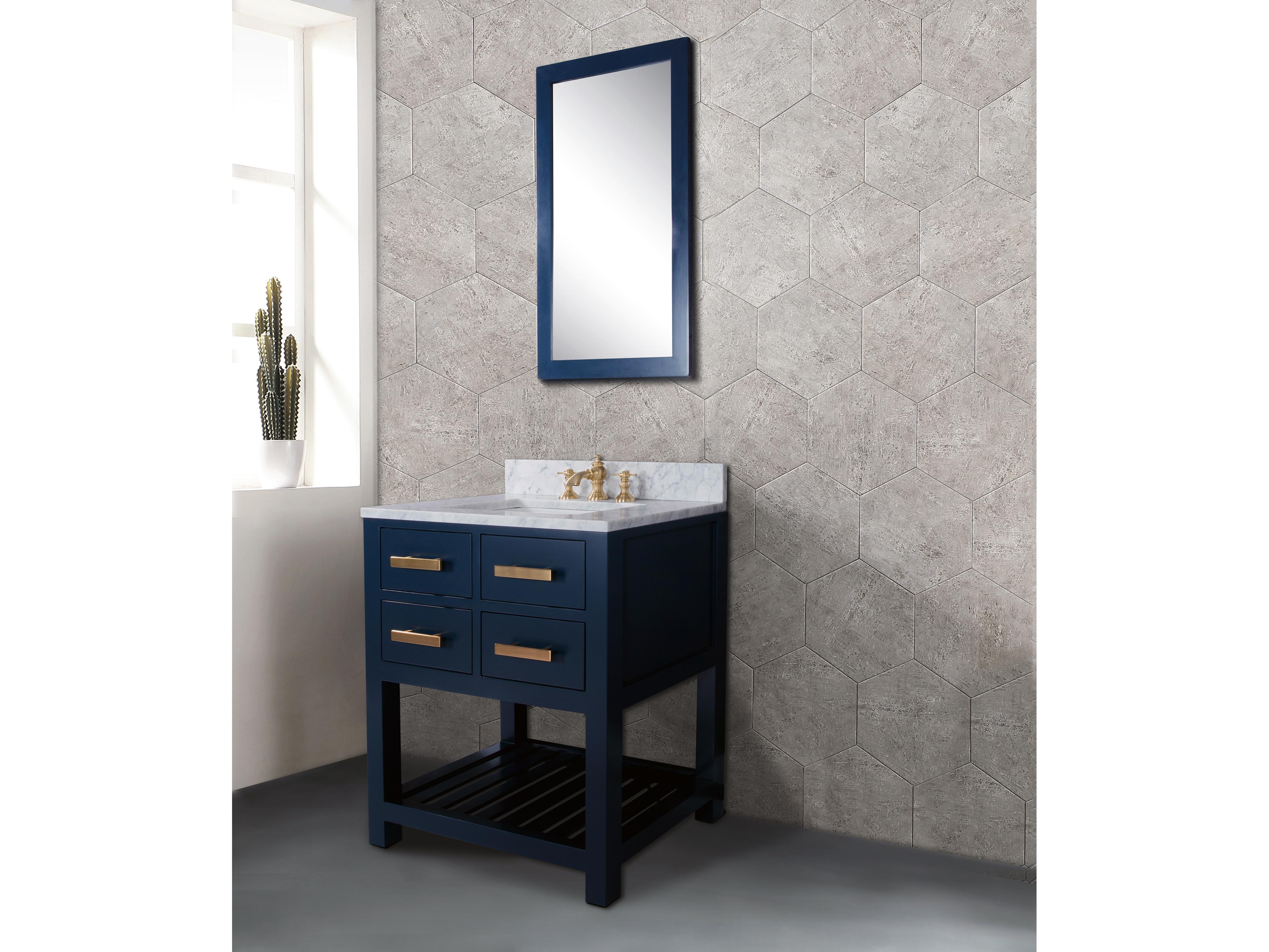 Water Creation Madalyn Single Sink Carrara White Marble Countertop Bath Vanity in Monarch Blue with Satin Gold Waterfall Faucet