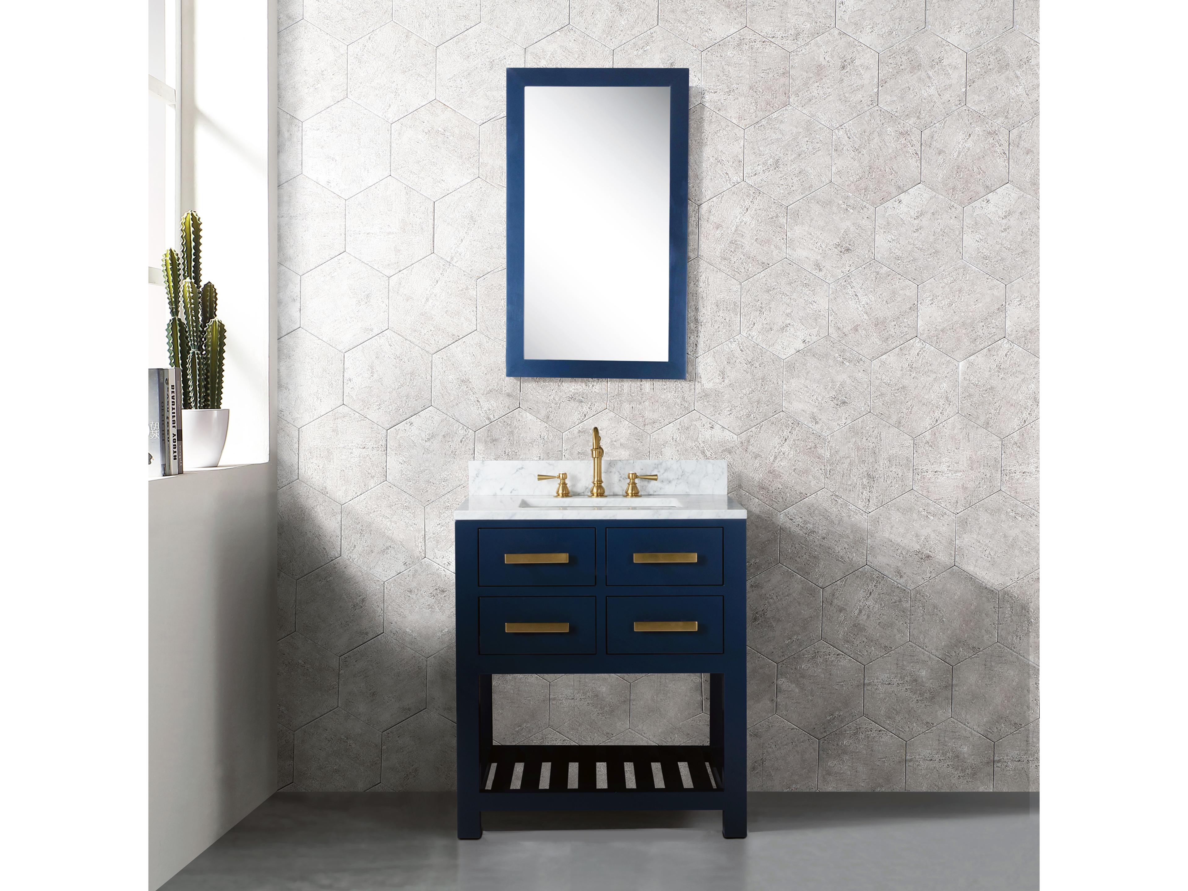 Water Creation Madalyn Single Sink Carrara White Marble Countertop Bath Vanity in Monarch Blue with Satin Gold Hook Faucet
