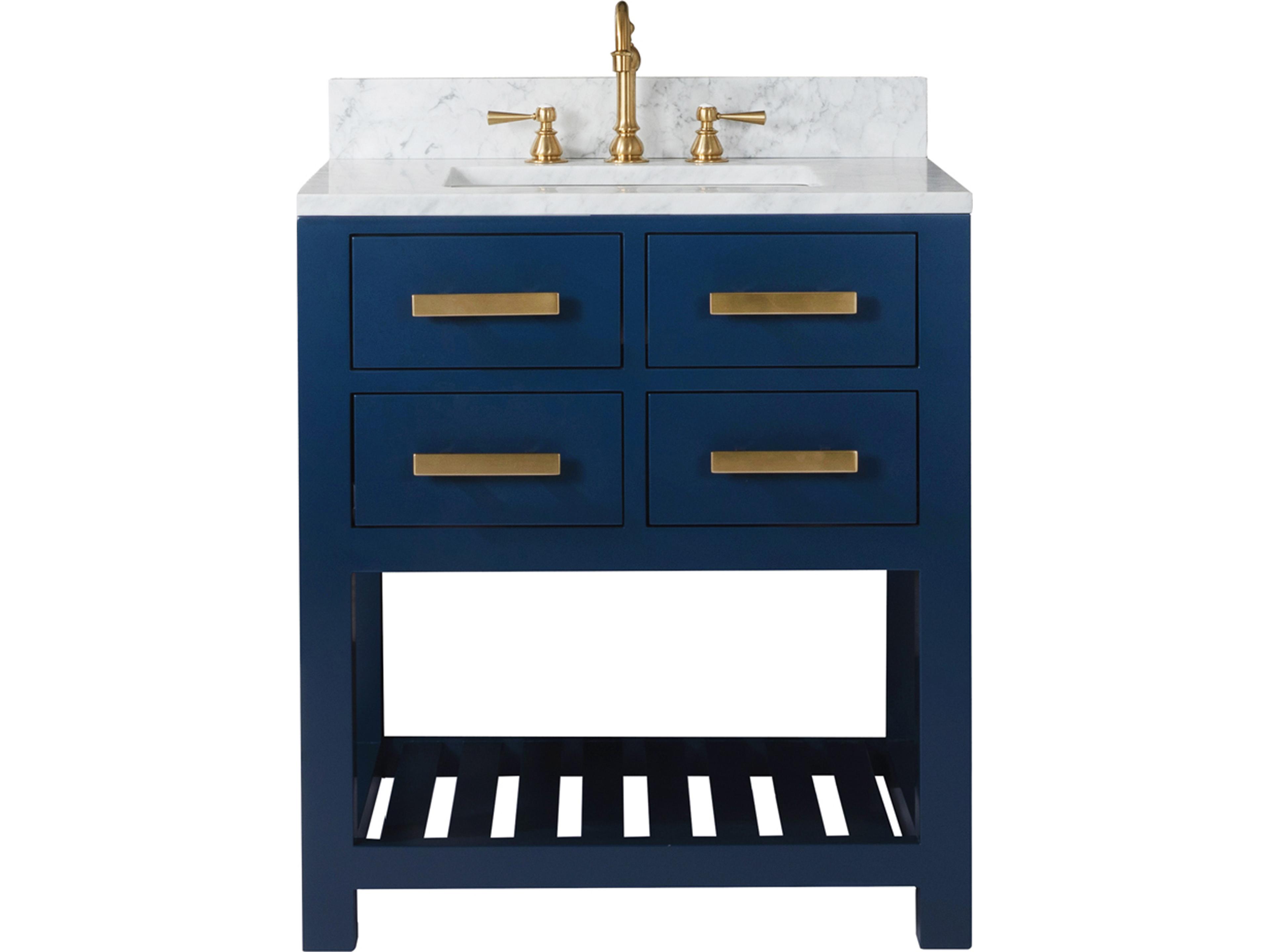 Madalyn Single Sink Carrara White Marble Countertop Bath Vanity in Monarch Blue with Satin Gold Hook Faucet