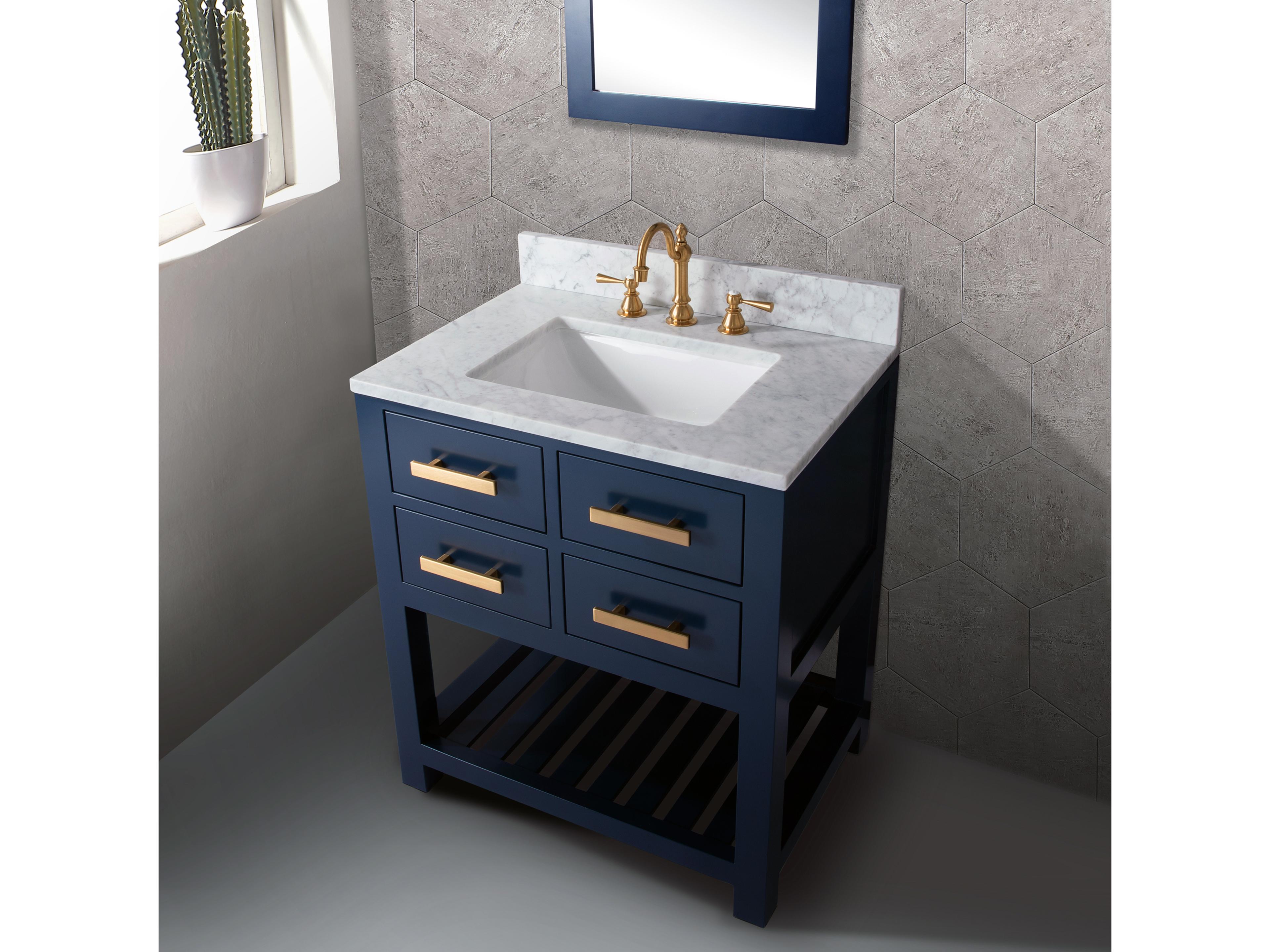 Water Creation Madalyn Single Sink Carrara White Marble Countertop Bath Vanity in Monarch Blue with Satin Gold Hook Faucet