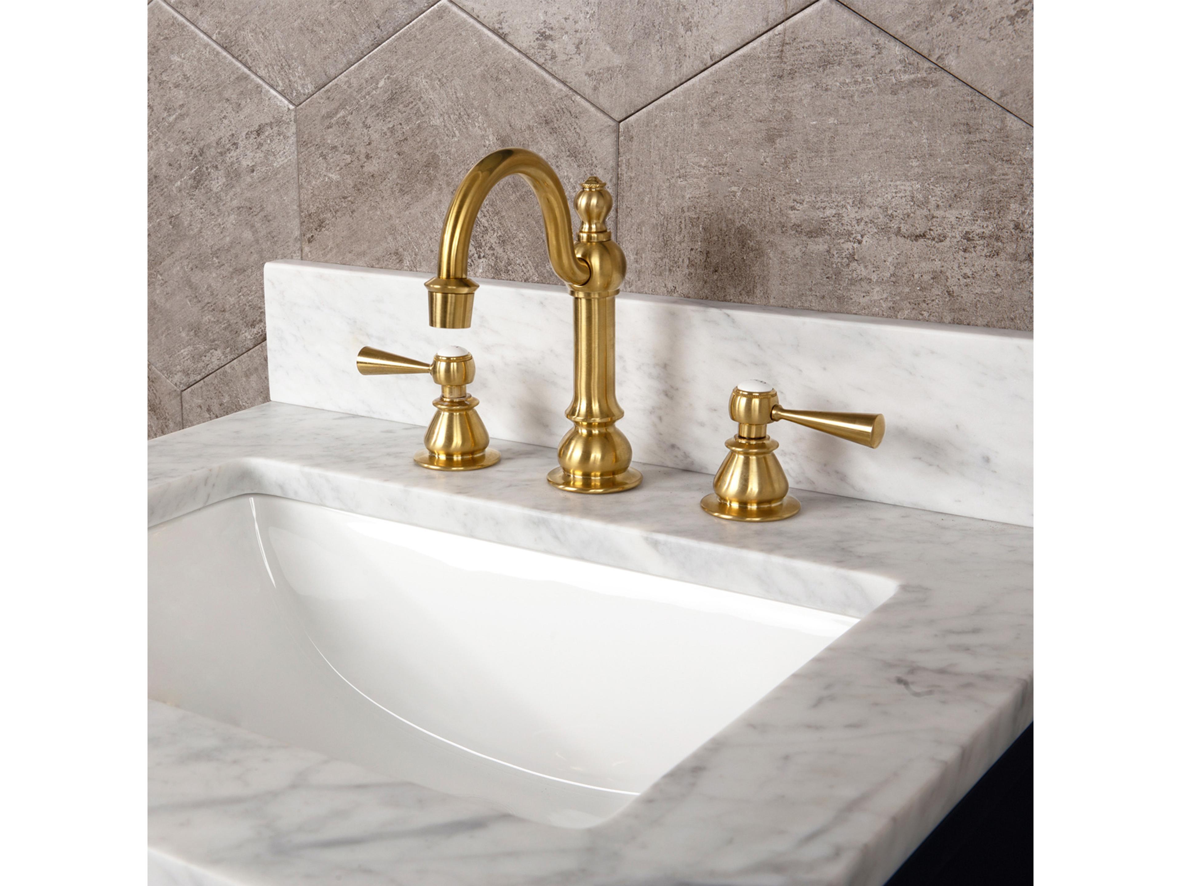 Water Creation Madalyn Single Sink Carrara White Marble Countertop Bath Vanity in Monarch Blue with Satin Gold Hook Faucet