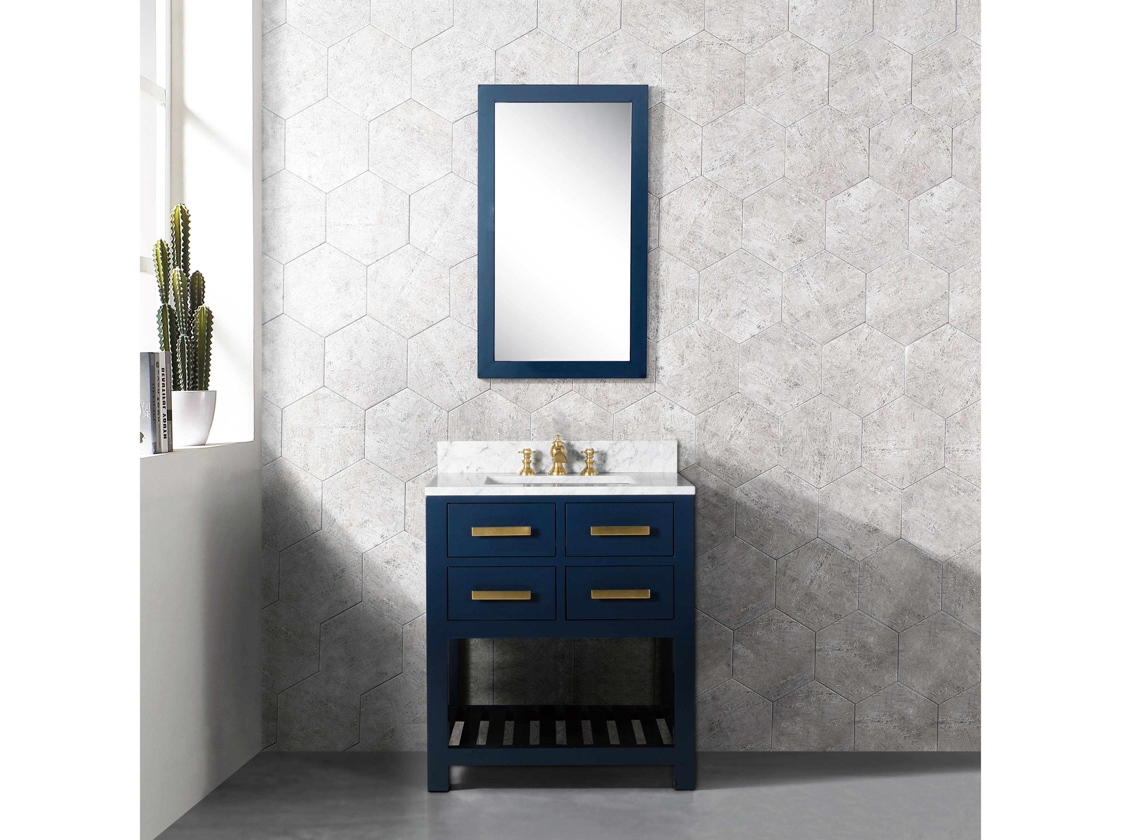 Water Creation Madalyn Single Sink Carrara White Marble Countertop Bath Vanity in Monarch Blue with Satin Gold Waterfall Faucet and Rectangular Mirror (S)