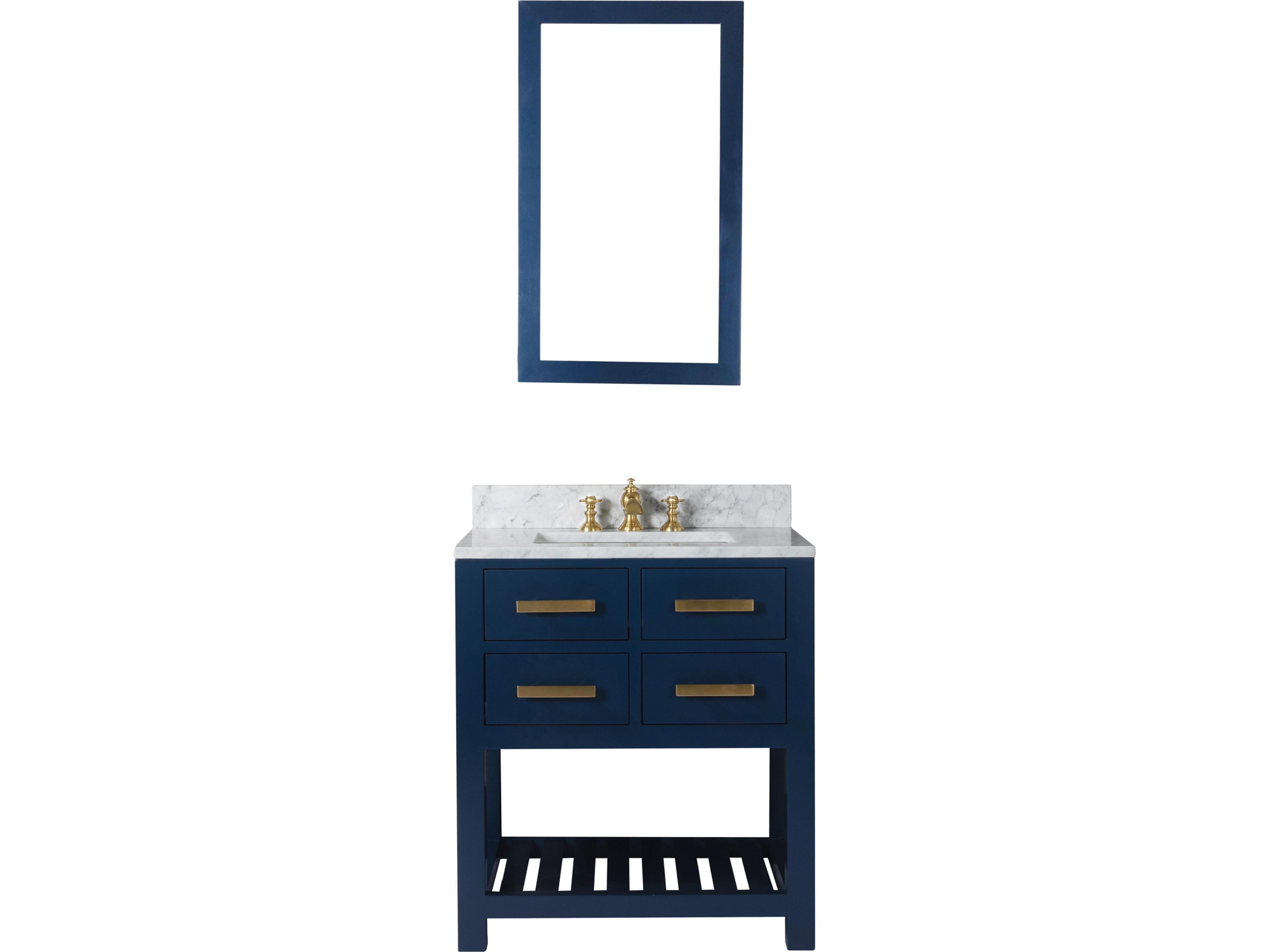 Madalyn Single Sink Carrara White Marble Countertop Bath Vanity in Monarch Blue with Satin Gold Waterfall Faucet and Rectangular Mirror (S)