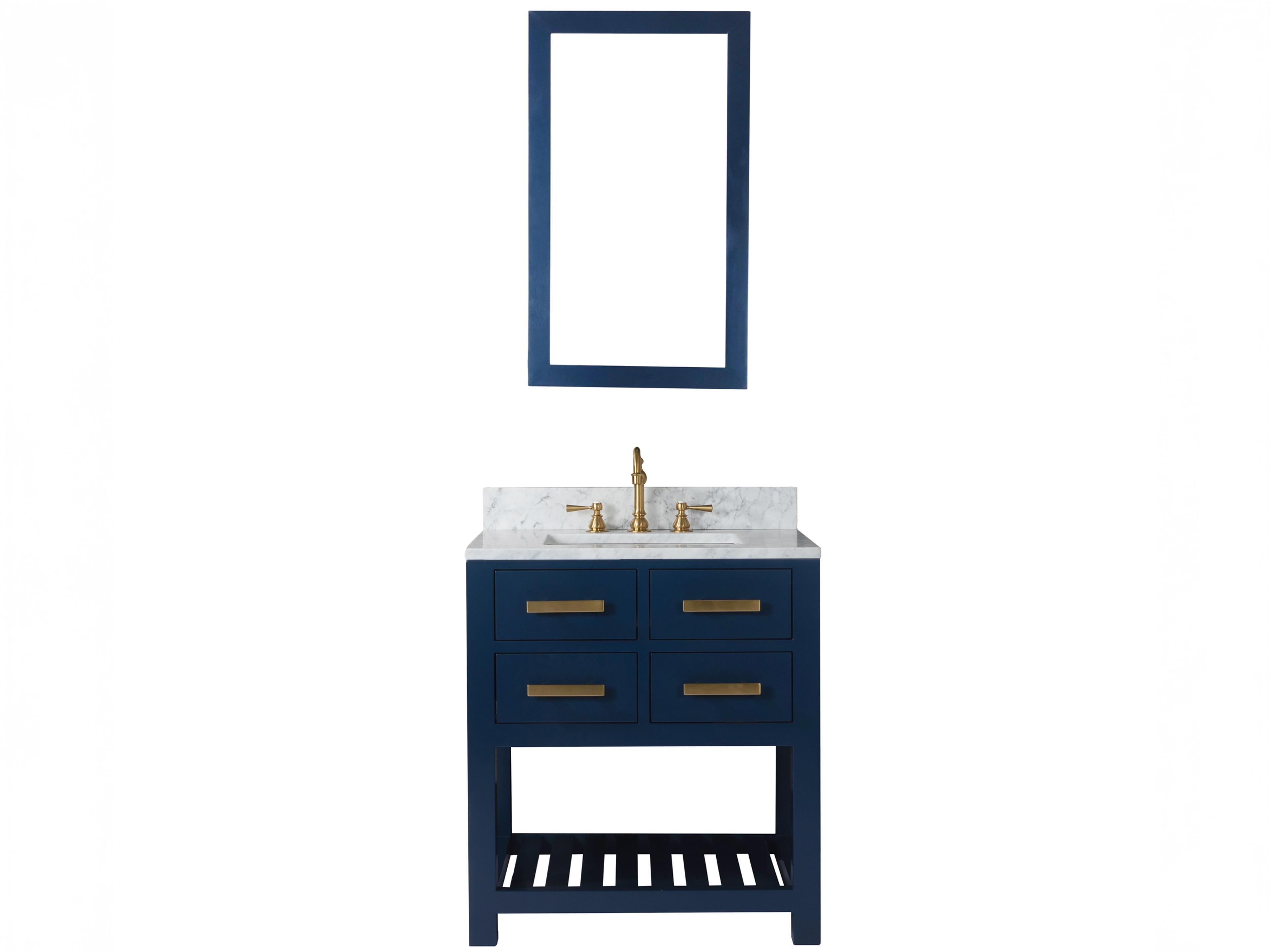 Madalyn Single Sink Carrara White Marble Countertop Bath Vanity in Monarch Blue with Satin Gold Hook Faucet and Rectangular Mirror (S)