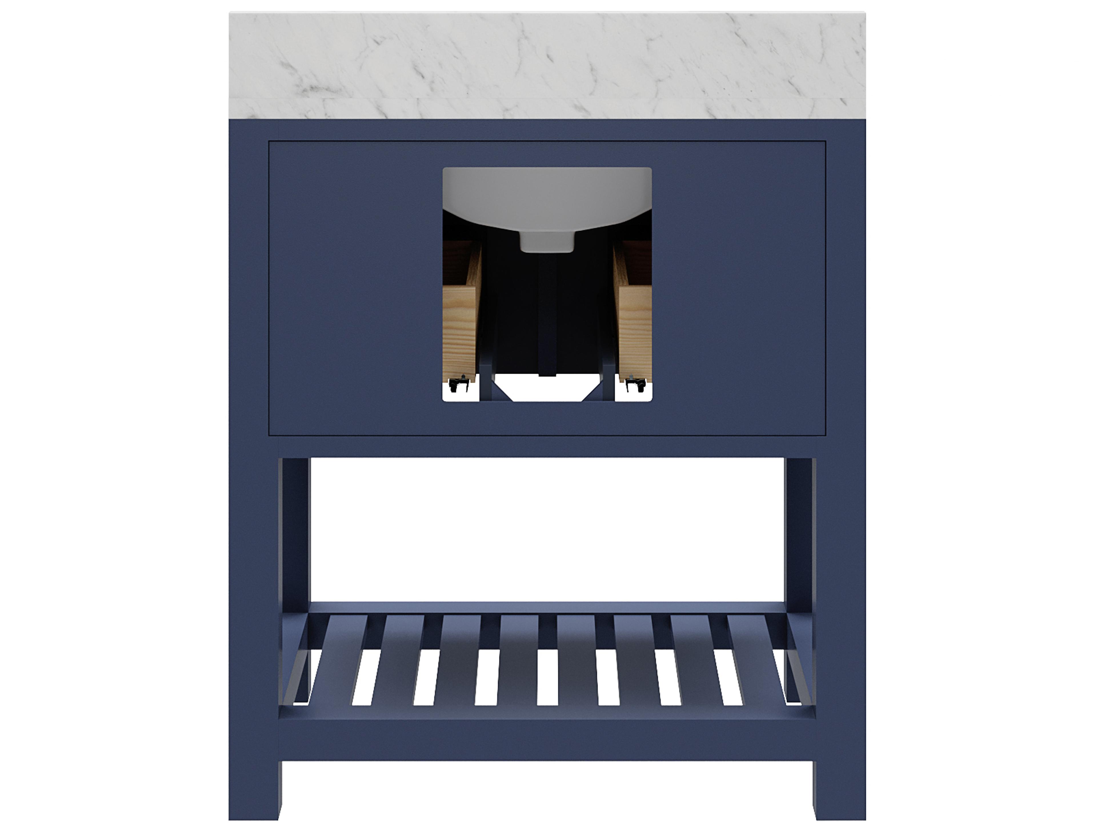 Water Creation Madalyn Single Sink Carrara White Marble Countertop Bath Vanity in Monarch Blue with Satin Gold Hook Faucet and Rectangular Mirror (S)